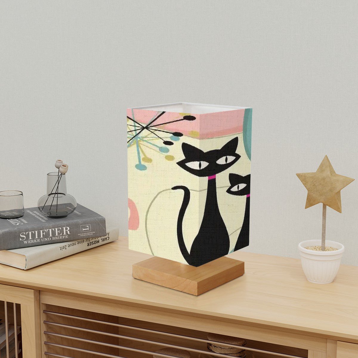 Kate McEnroe New York Atomic Cat Boomerang Table Lamp, Mid Century Modern Starburst Kitsch Wood Base LightTable LampsCpXMoV7YT5