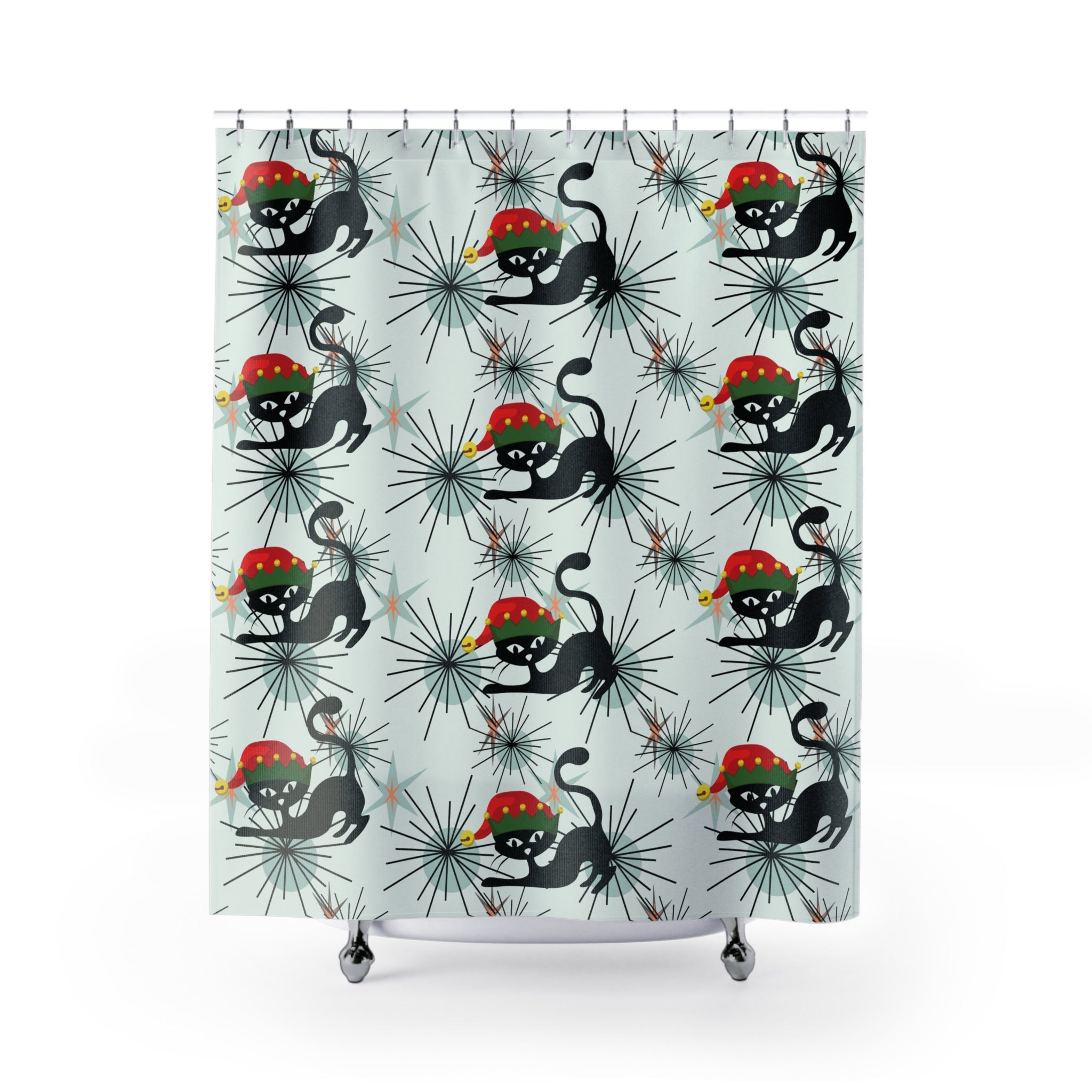 Kate McEnroe New York Atomic Cat Christmas Shower Curtain, Retro MCM Holiday Bathroom DecorShower Curtains23519753228174858594