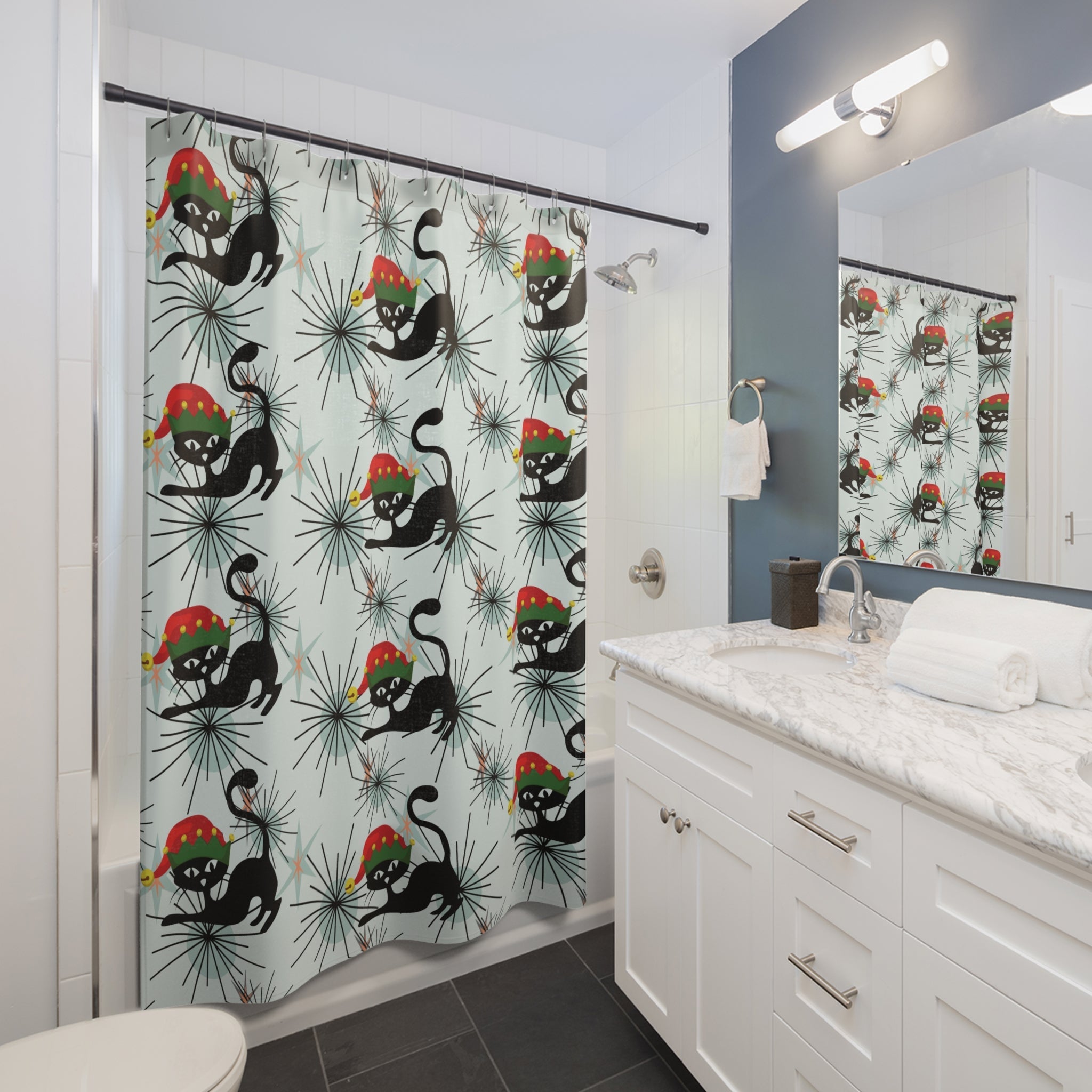 Kate McEnroe New York Atomic Cat Christmas Shower Curtain, Retro MCM Holiday Bathroom DecorShower Curtains23519753228174858594