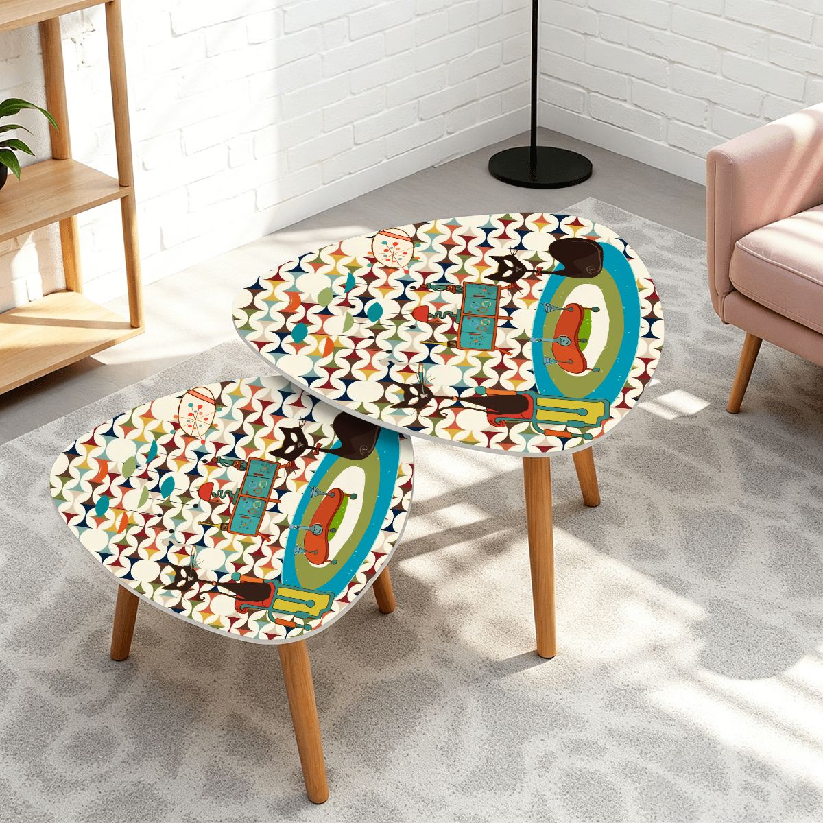 Kate McEnroe New York Atomic Cat Cocktail Lounge Danish Nesting Tables, Mid Century Modern Scandinavian Danish Side TablesNesting TablesggdJxa1Qak