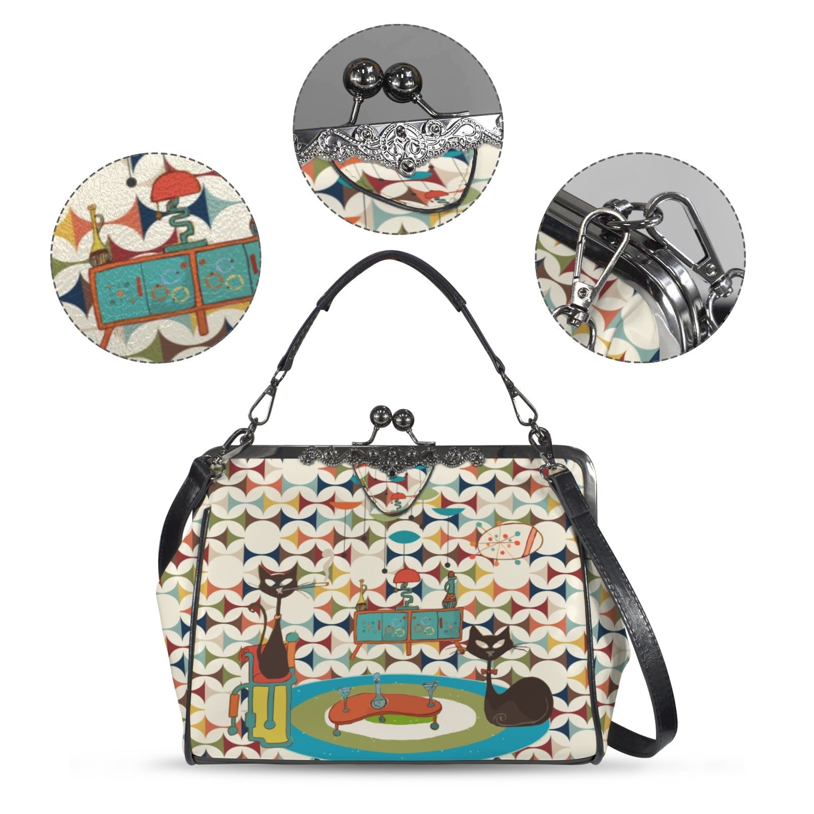 Kate McEnroe New York Atomic Cat Cocktail Lounge Kisslock Purse, Starburst Boomerang Vintage Kitsch HandbagCrossbody BagsD3187077