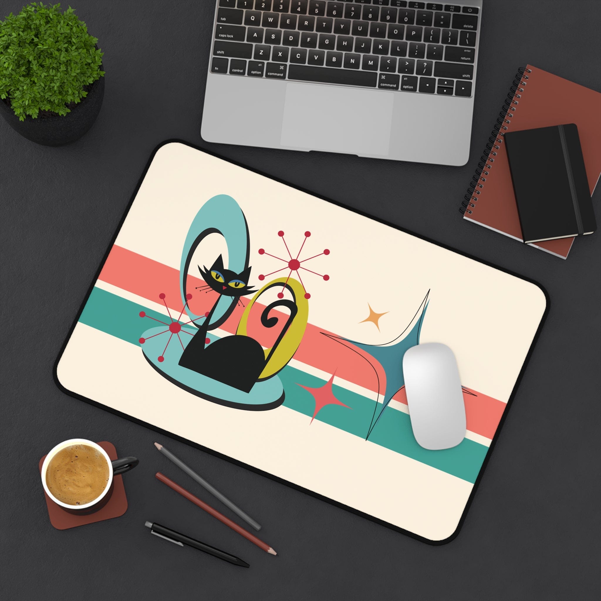 Kate McEnroe New York Atomic Cat Desk Mat, Mid Century Modern Office Accessory, MCM Teal, Coral Workspace DecorDesk Pads25913640401117497202