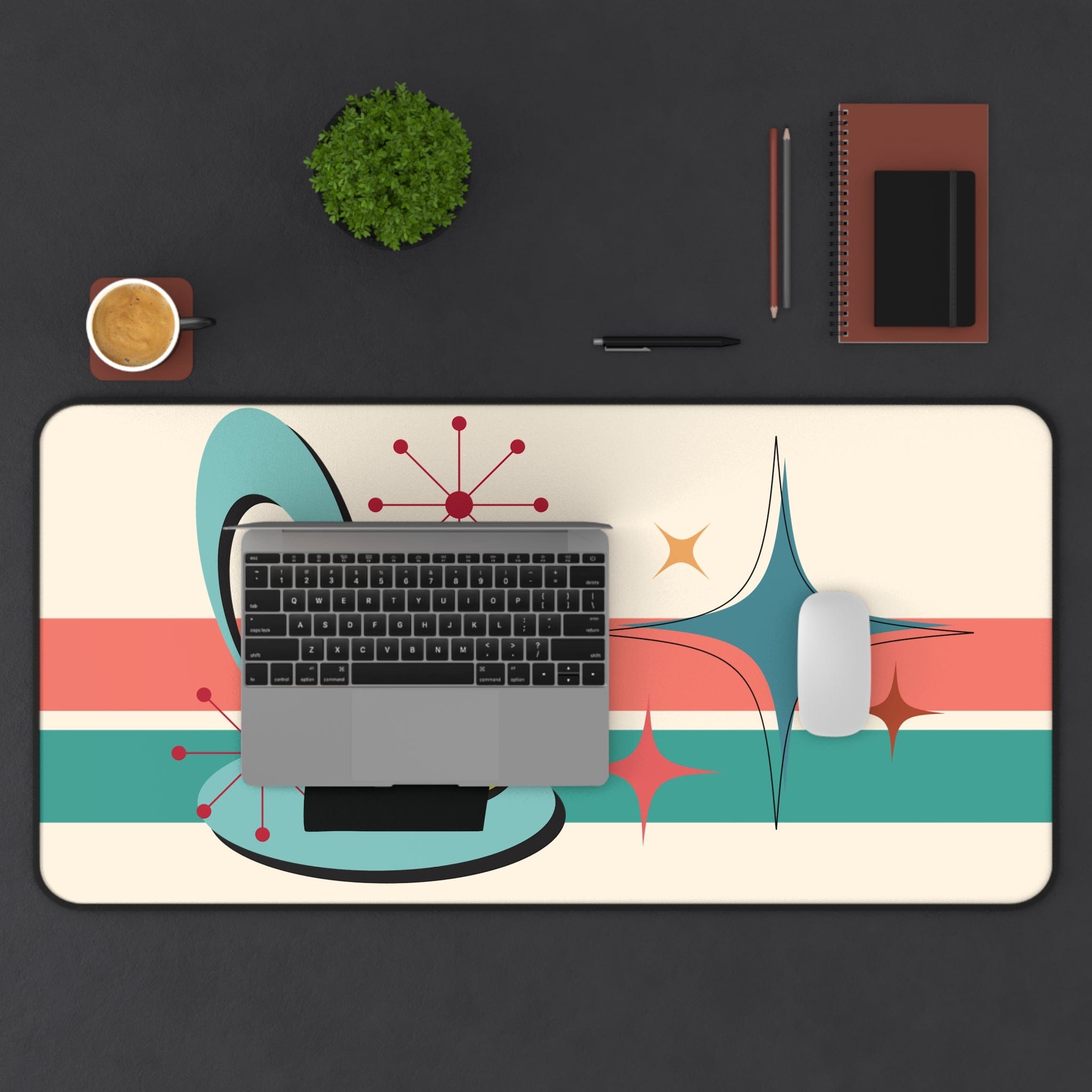Kate McEnroe New York Atomic Cat Desk Mat, Mid Century Modern Office Accessory, MCM Teal, Coral Workspace DecorDesk Pads29794091373347944449