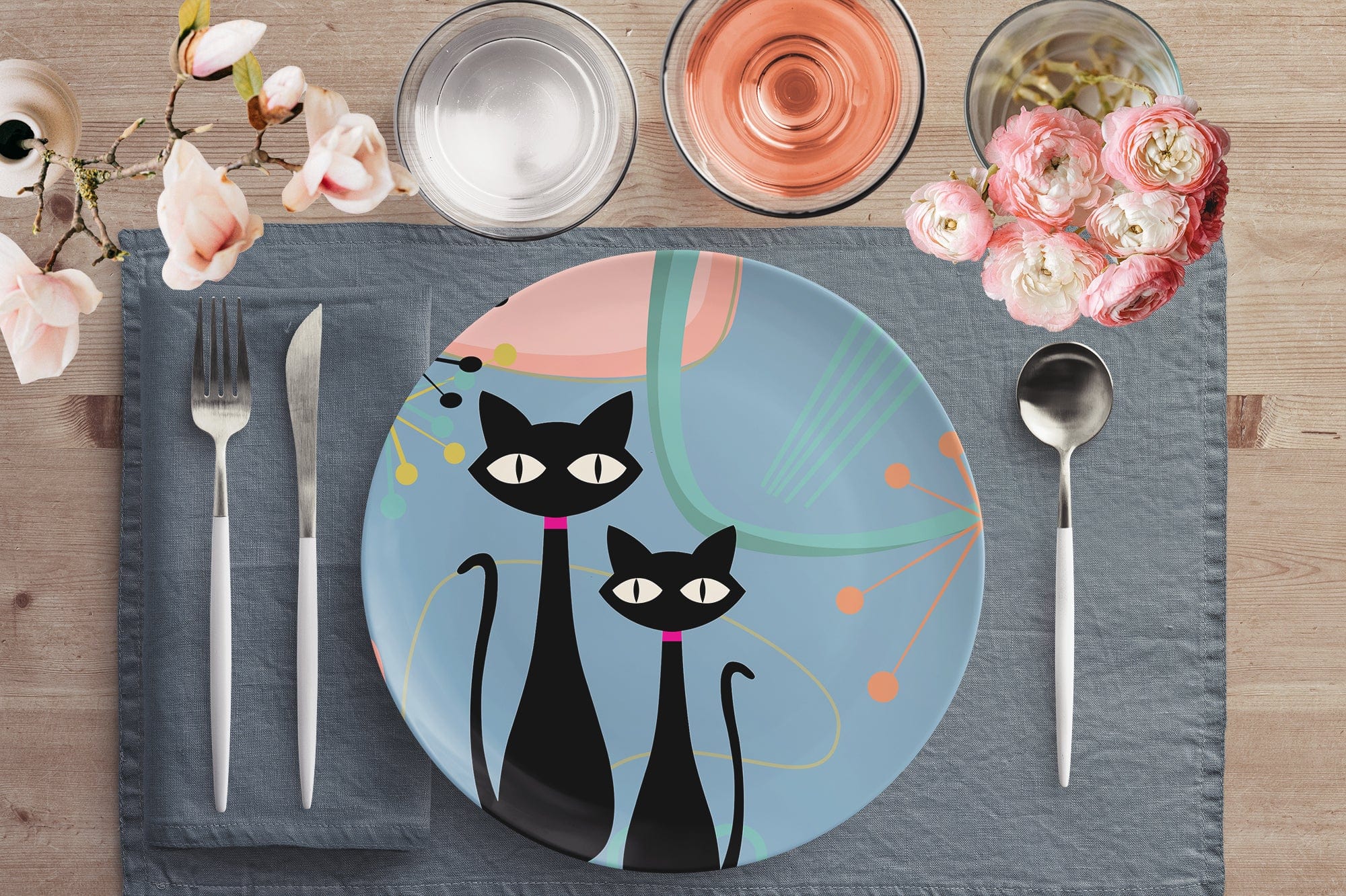 Kate McEnroe New York Atomic Cat Dinner Plate in Mid Century Modern Aqua Blue, Pink Boomerang StarburstsPlates9820SINGLE