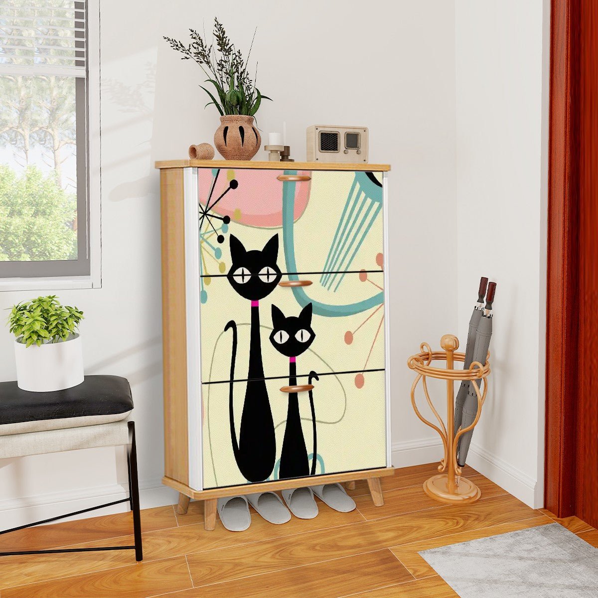 Kate McEnroe New York Atomic Cat Entryway Shoe Cabinet, Mid Century Modern Starburst Storage, Retro Kitty Furniture OrganizerShoe StoragecmP0fTHBC2