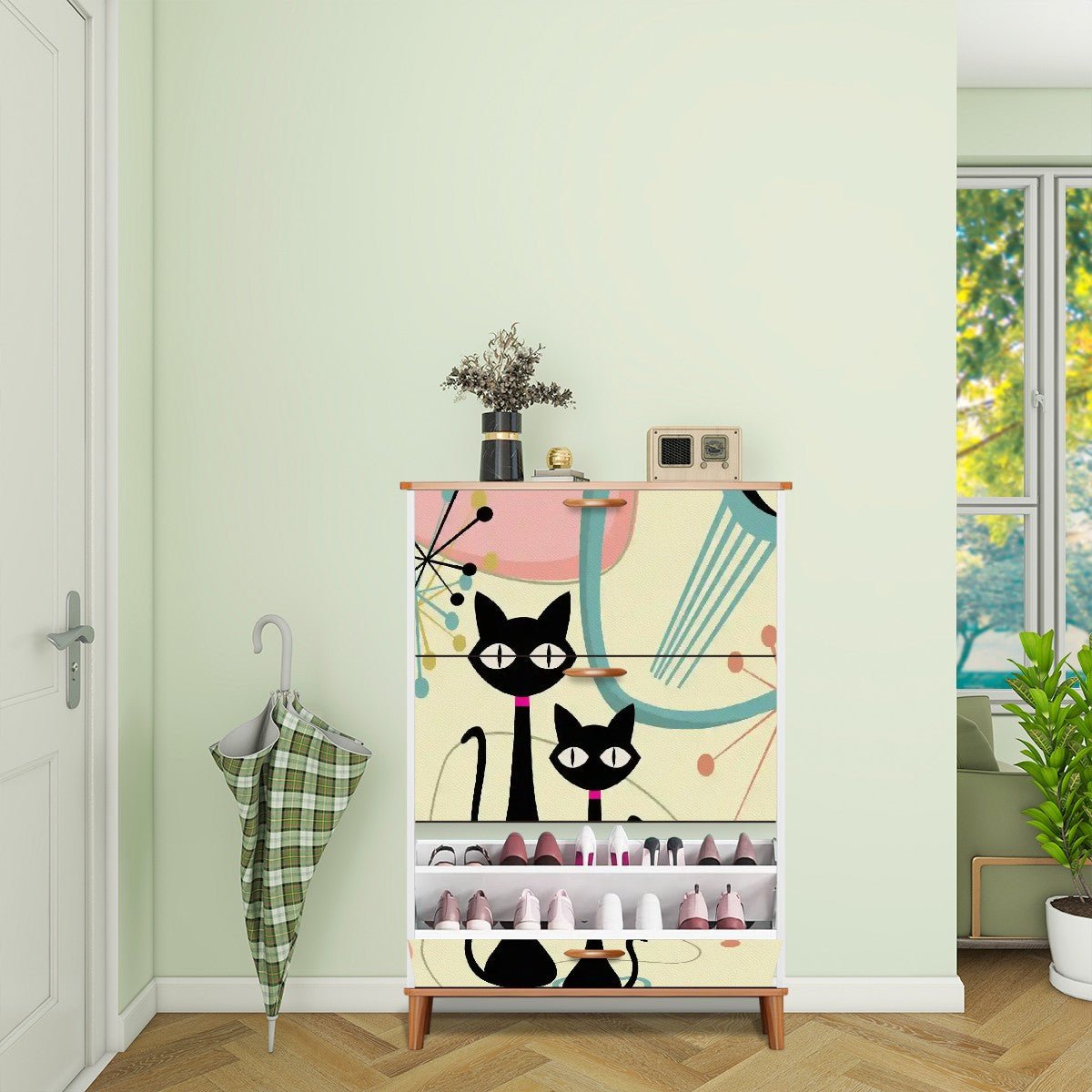 Kate McEnroe New York Atomic Cat Entryway Shoe Cabinet, Mid Century Modern Starburst Storage, Retro Kitty Furniture OrganizerShoe StoragecmP0fTHBC2