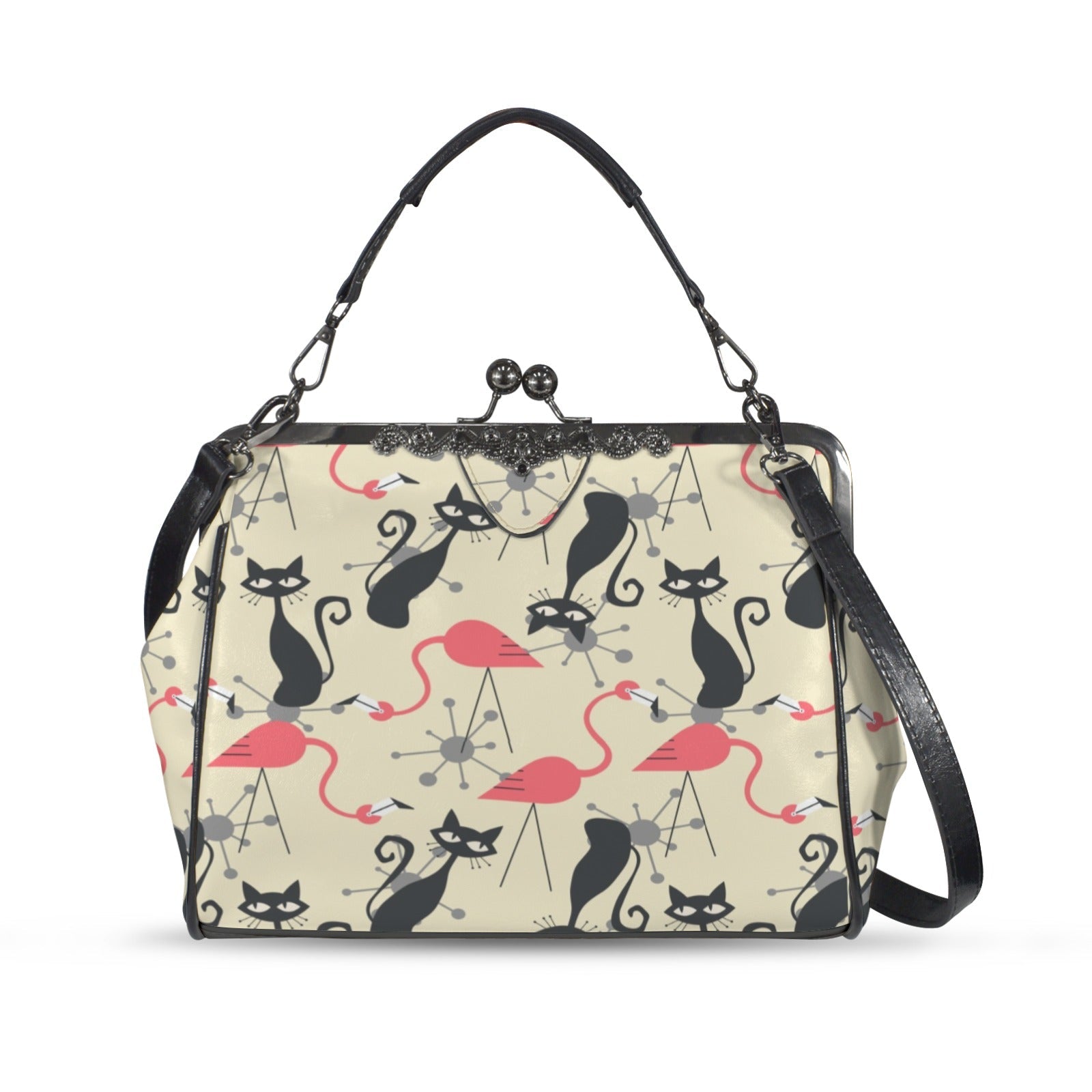 Kate McEnroe New York Atomic Cat Flamingo Kiss Lock Purse, Retro 1950s Mid Century HandbagCrossbody BagsD3275435