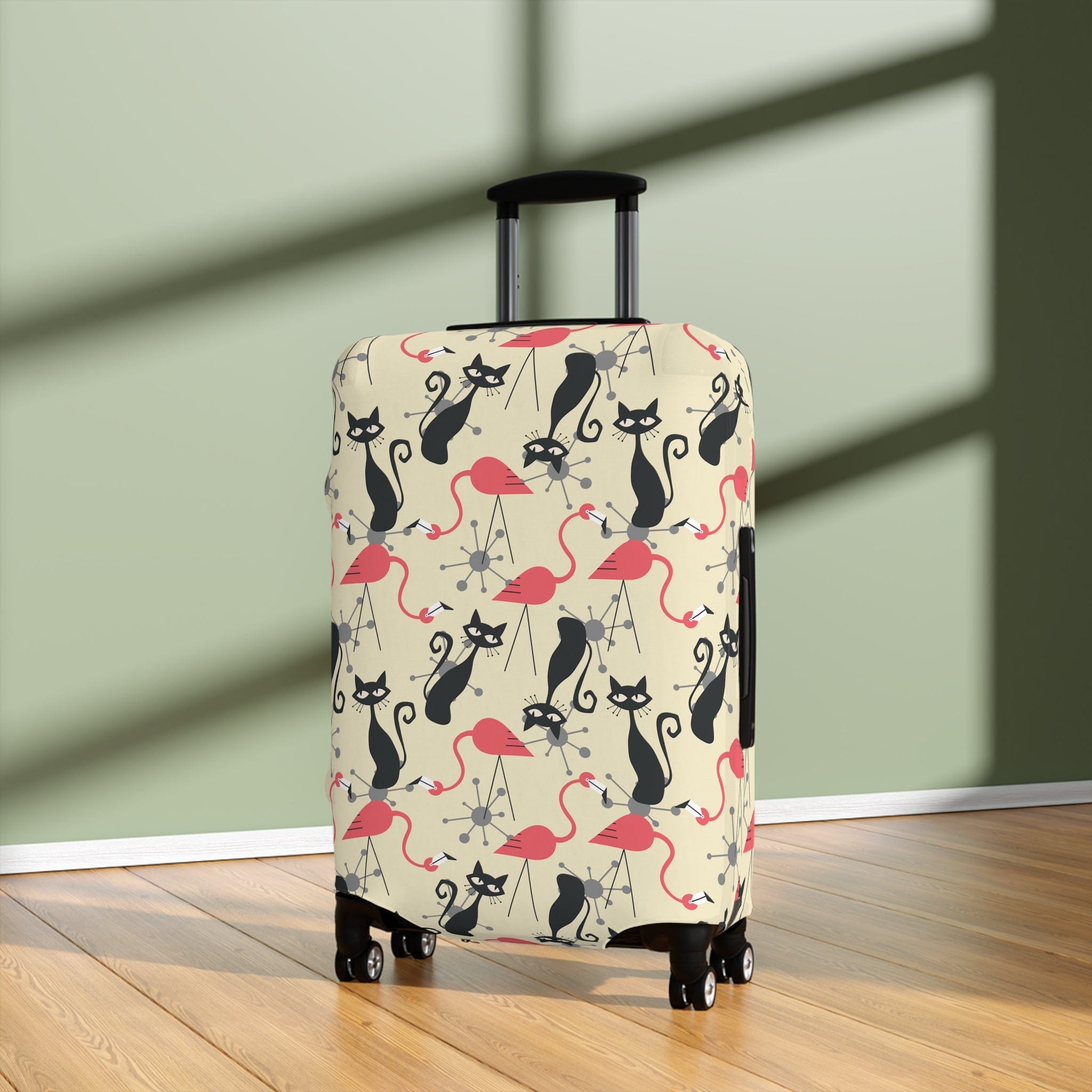Printify Atomic Cat, Flamingo Mid Century Modern Luggage Cover, Retro Whimsy MCM Starburst Cream, Pink, Gray Suitcase Protector Accessories 25&