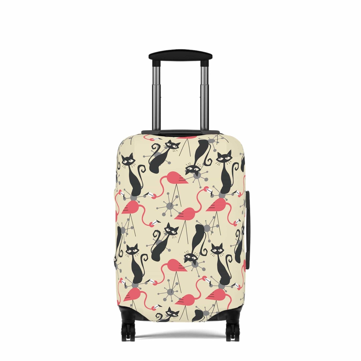 Printify Atomic Cat, Flamingo Mid Century Modern Luggage Cover, Retro Whimsy MCM Starburst Cream, Pink, Gray Suitcase Protector Accessories