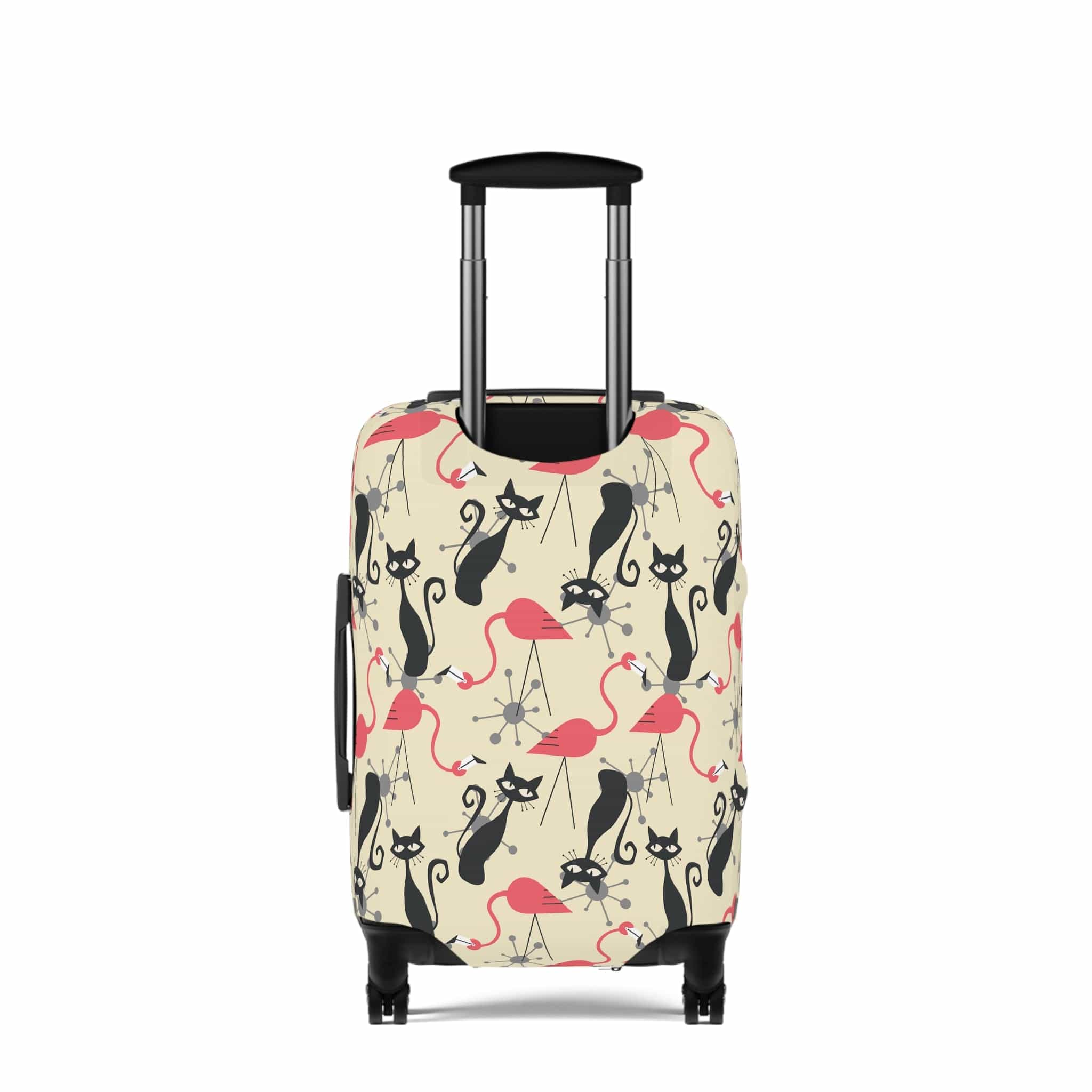 Printify Atomic Cat, Flamingo Mid Century Modern Luggage Cover, Retro Whimsy MCM Starburst Cream, Pink, Gray Suitcase Protector Accessories