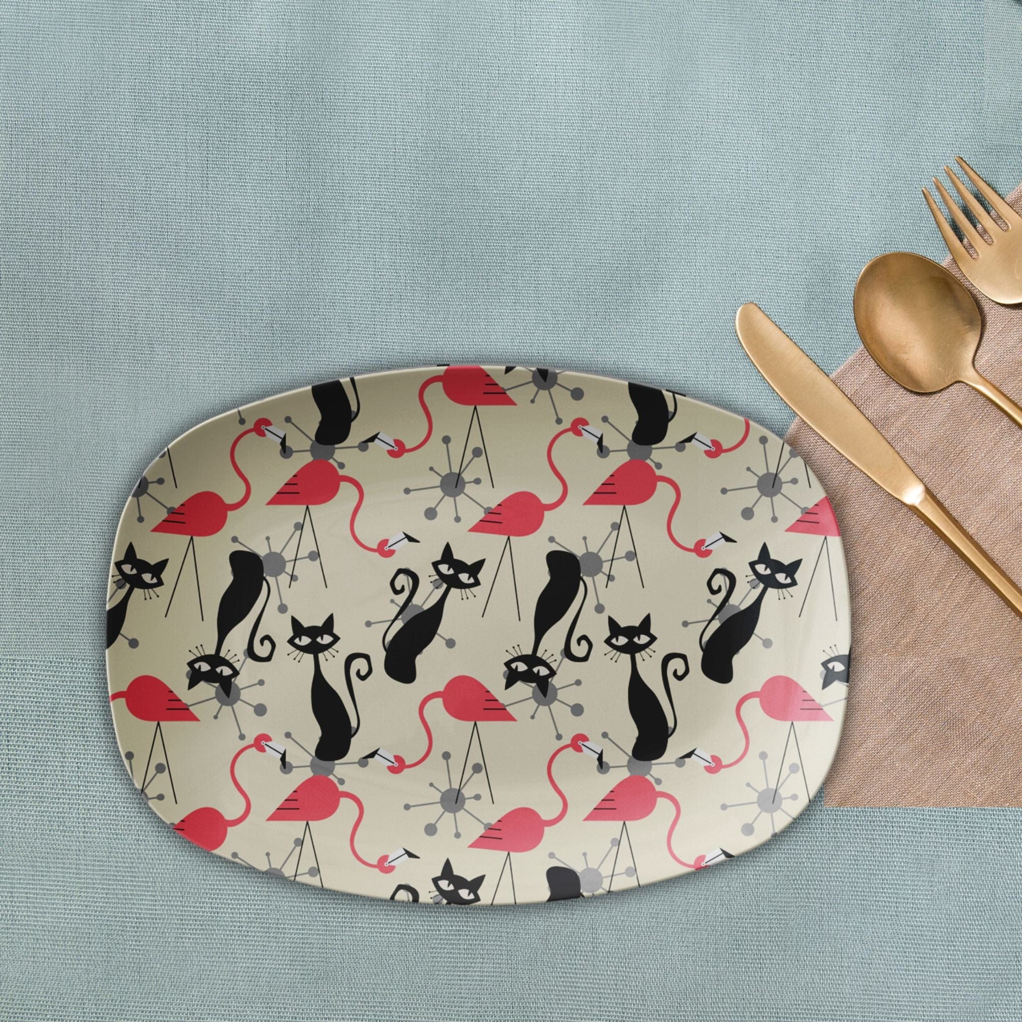 Kate McEnroe New York Atomic Cat, Flamingo Mid Century Modern Serving Platter, Retro Whimsy MCM Starburst Cream, Pink, Gray TraysServing Platters9727