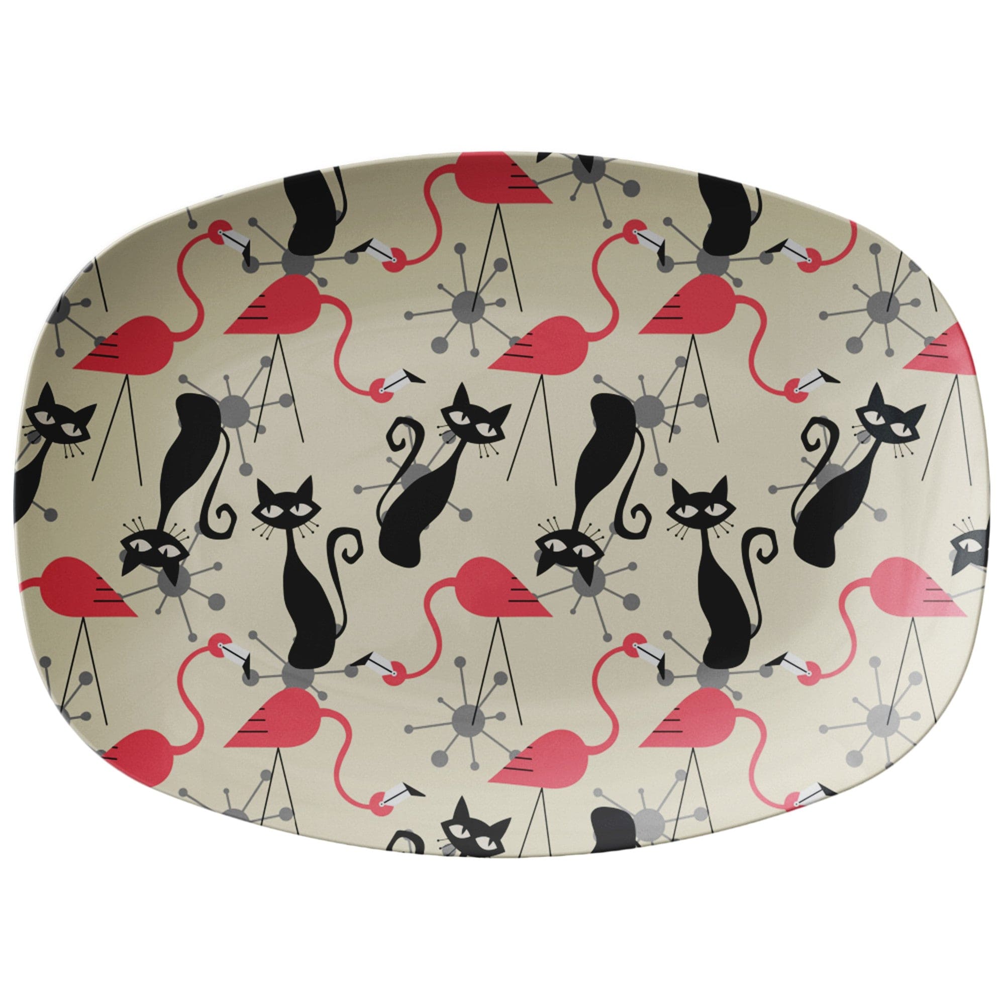 Kate McEnroe New York Atomic Cat, Flamingo Mid Century Modern Serving Platter, Retro Whimsy MCM Starburst Cream, Pink, Gray TraysServing Platters9727