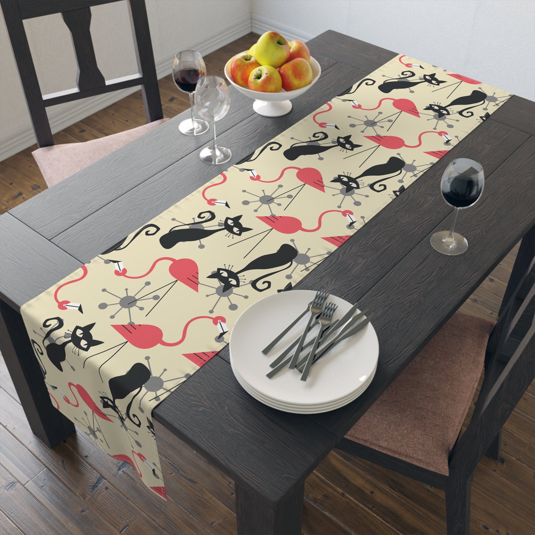 Kate McEnroe New York Atomic Cat, Flamingo Table Runner, Mid Century Modern Starburst Table Linen, 1950s  MCM Cotton, Poly Dining Decor Table Runners 16&quot; × 72&quot; / Cotton Twill 32589077871627103530