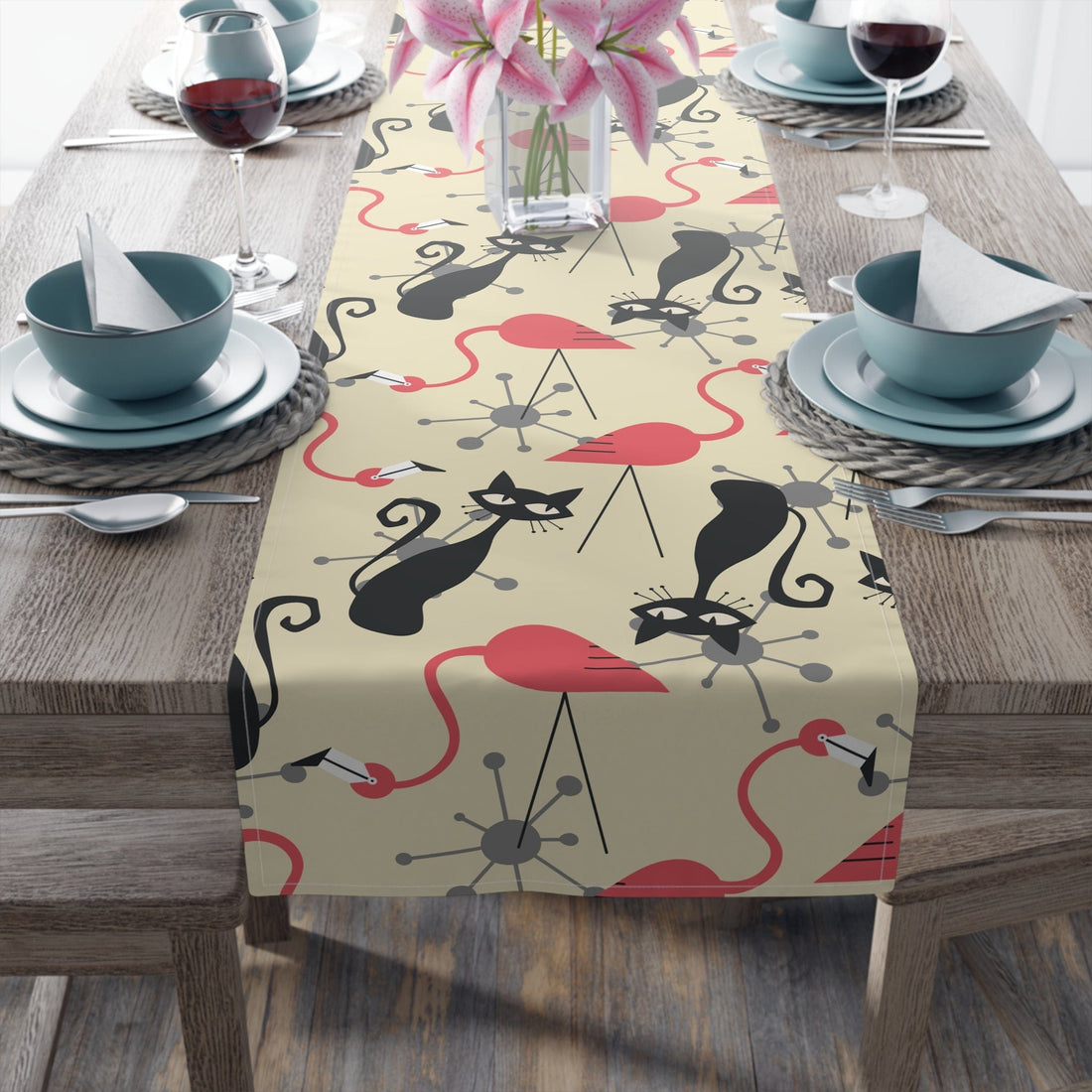 Kate McEnroe New York Atomic Cat, Flamingo Table Runner, Mid Century Modern Starburst Table Linen, 1950s  MCM Cotton, Poly Dining Decor Table Runners