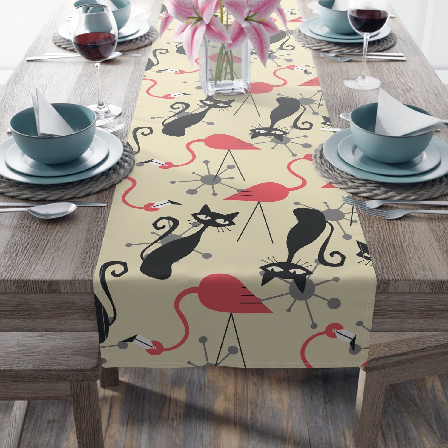 Kate McEnroe New York Atomic Cat, Flamingo Table Runner, Mid Century Modern Starburst Table Linen, 1950s  MCM Cotton, Poly Dining Decor Table Runners
