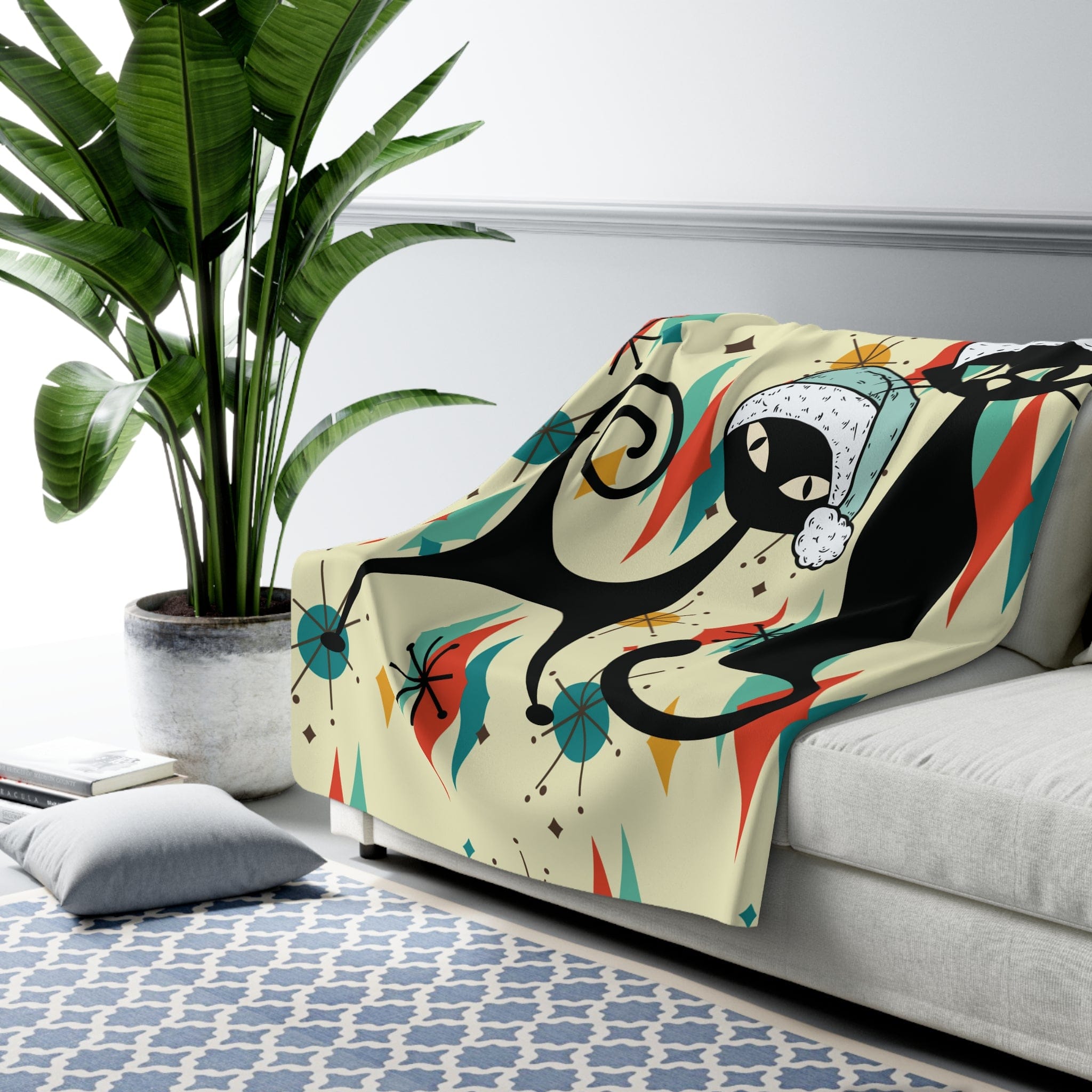 Kate McEnroe New York Atomic Cat Franciscan Diamond Starburst Holiday Sherpa Fleece Blanket, Mid Century Modern Retro Kitschy Christmas Cozy ThrowsBlankets18625606186922034564