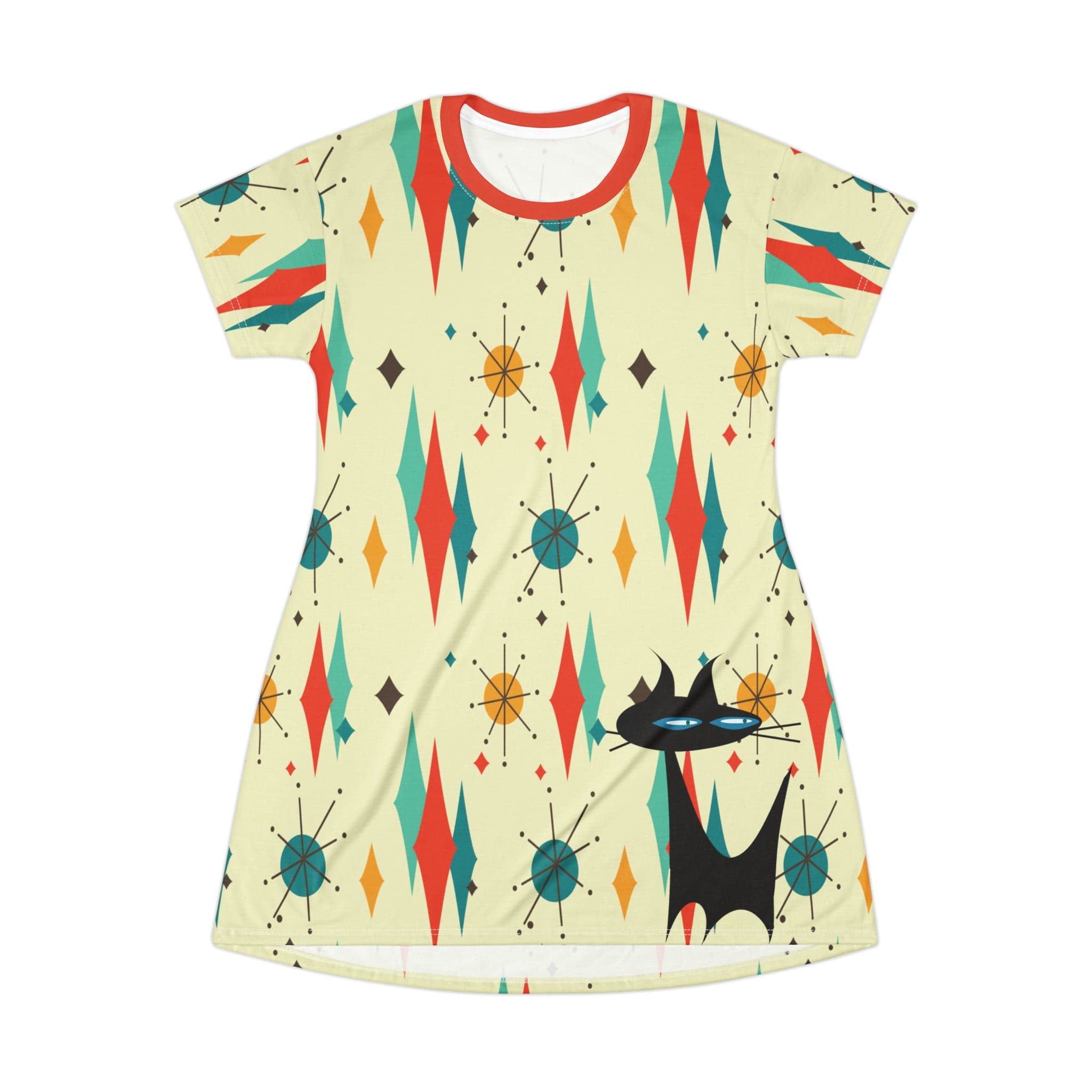 Kate McEnroe New York Atomic Cat Franciscan Diamond Starburst T - Shirt Dress, Mid Century Modern Retro Orange, Teal, Cream Party DressDresses11205431701530155854