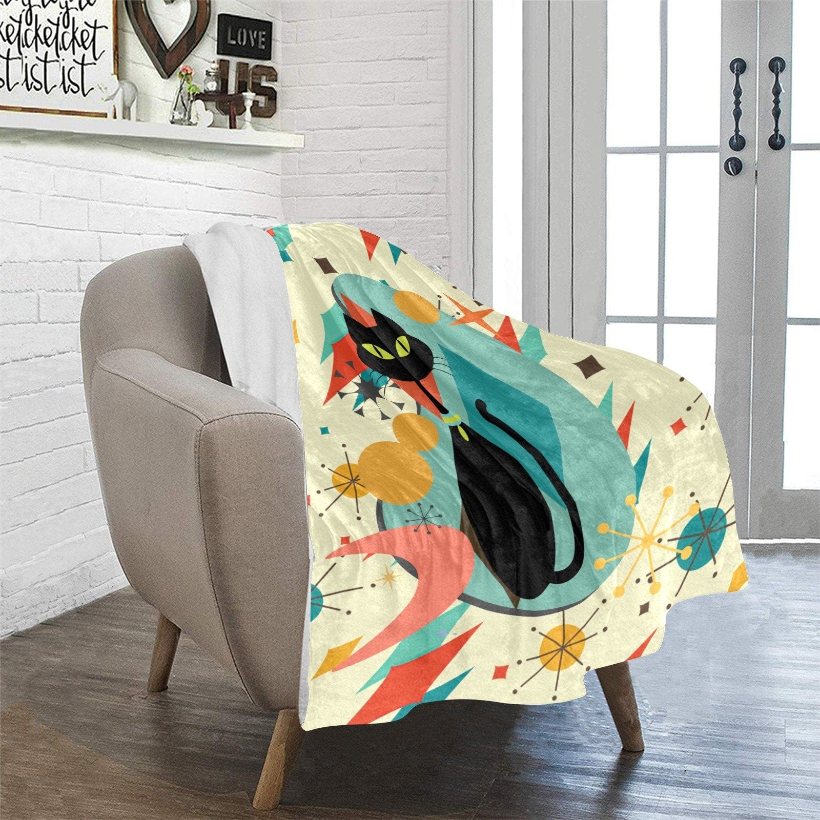 Kate McEnroe New York Atomic Cat Franciscan Starburst Sherpa Fleece Plush Blanket, Mid Century Modern Retro Geometric Living Room, Bedroom Decor - 129282023Blankets11019192674496355536