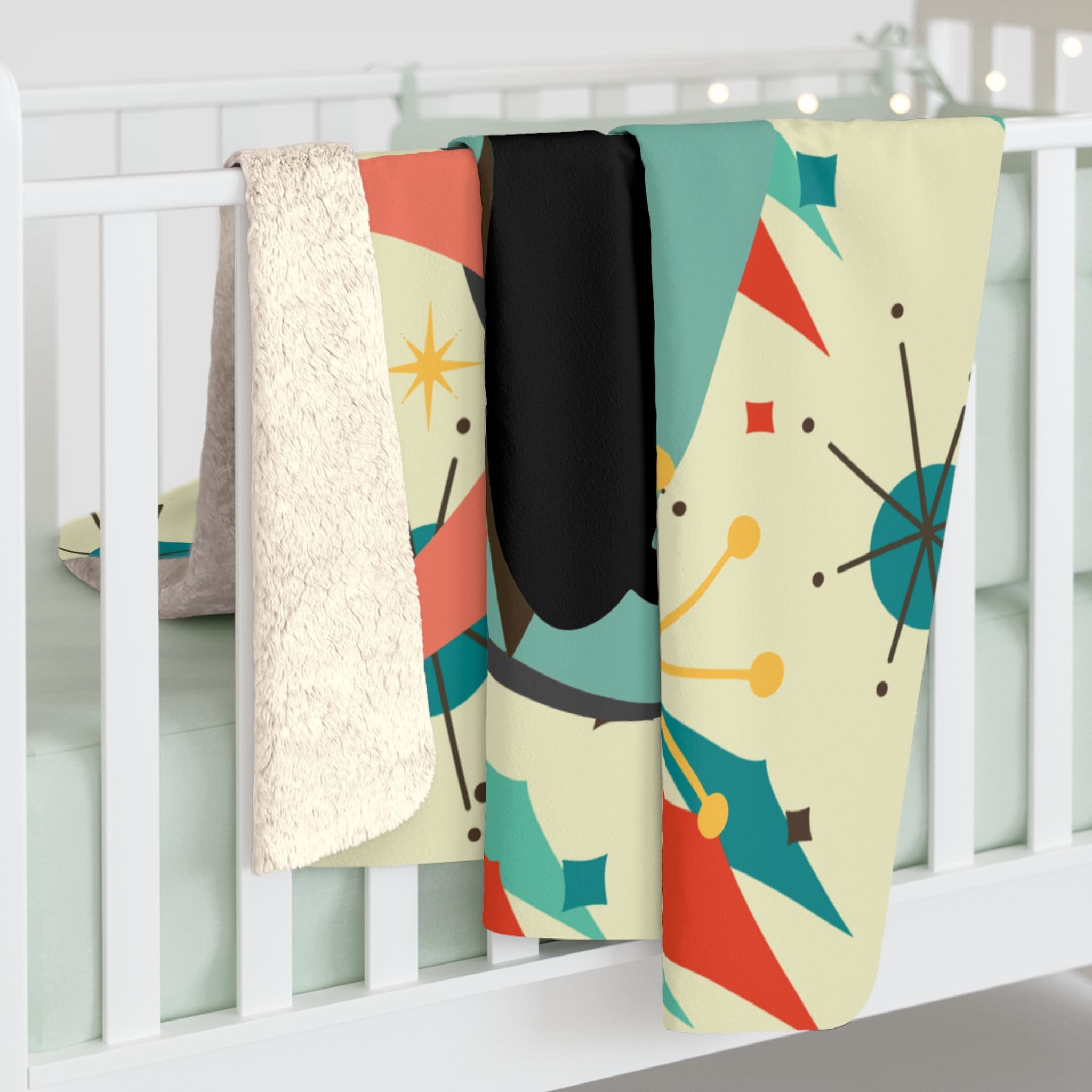 Kate McEnroe New York Atomic Cat Franciscan Starburst Sherpa Fleece Plush Blanket, Mid Century Modern Retro Geometric Living Room, Bedroom Decor - 129282023Blankets11019192674496355536