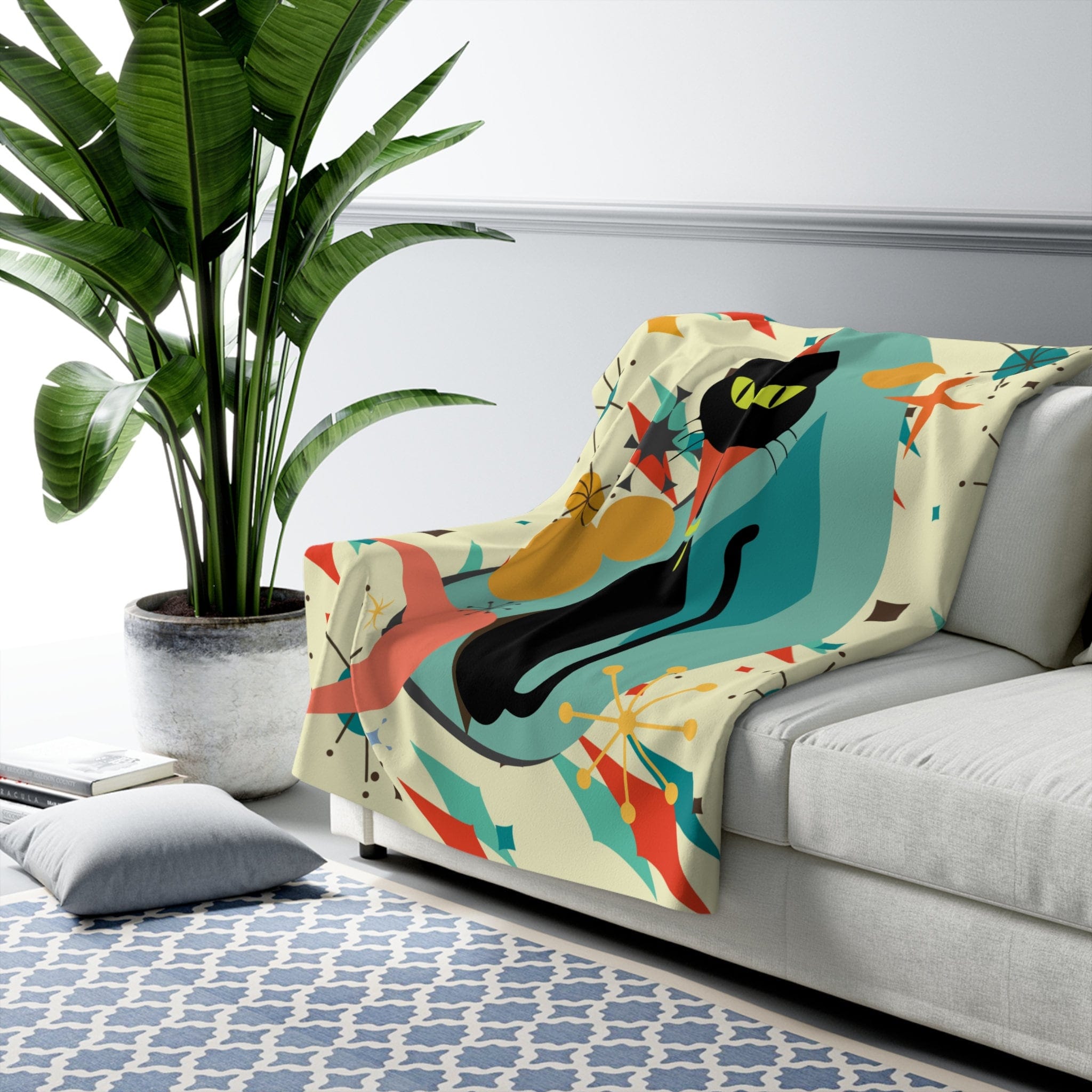 Kate McEnroe New York Atomic Cat Franciscan Starburst Sherpa Fleece Plush Blanket, Mid Century Modern Retro Geometric Living Room, Bedroom Decor - 129282023Blankets11019192674496355536