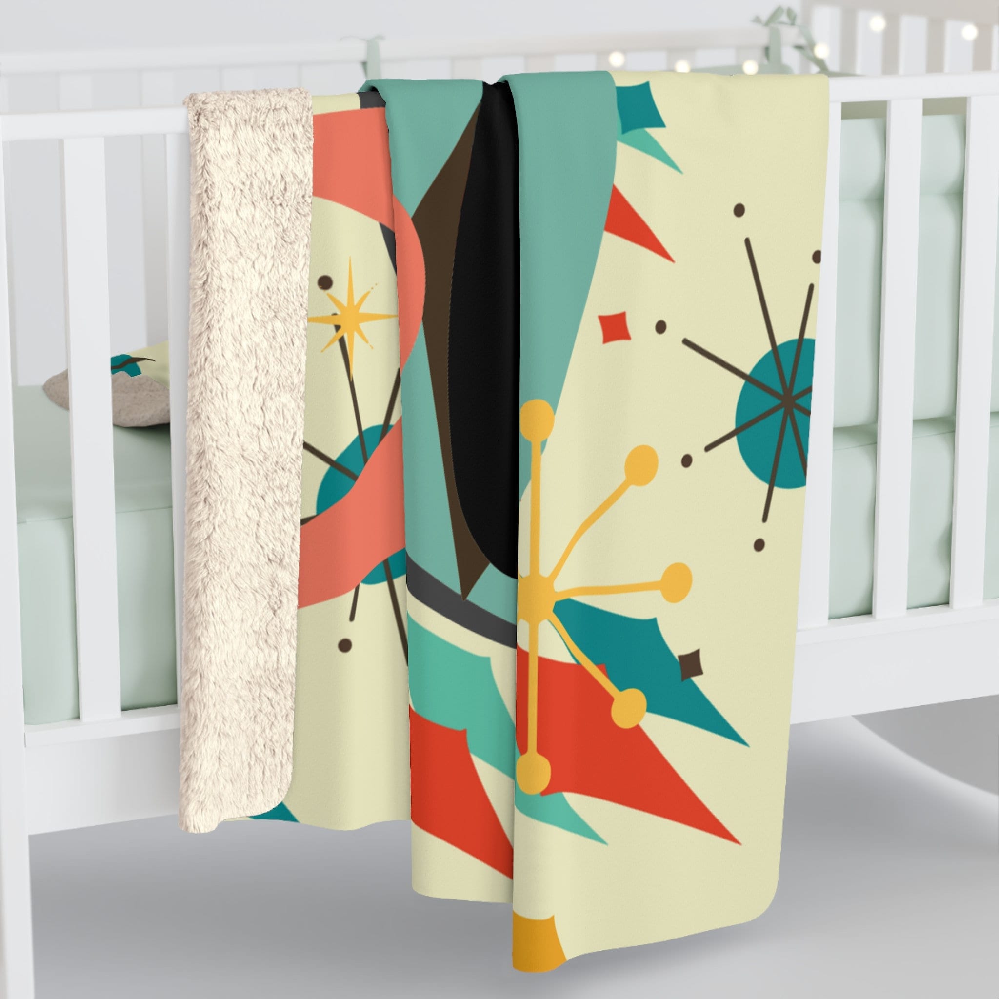 Kate McEnroe New York Atomic Cat Franciscan Starburst Sherpa Fleece Plush Blanket, Mid Century Modern Retro Geometric Living Room, Bedroom Decor - 129282023Blankets11019192674496355536