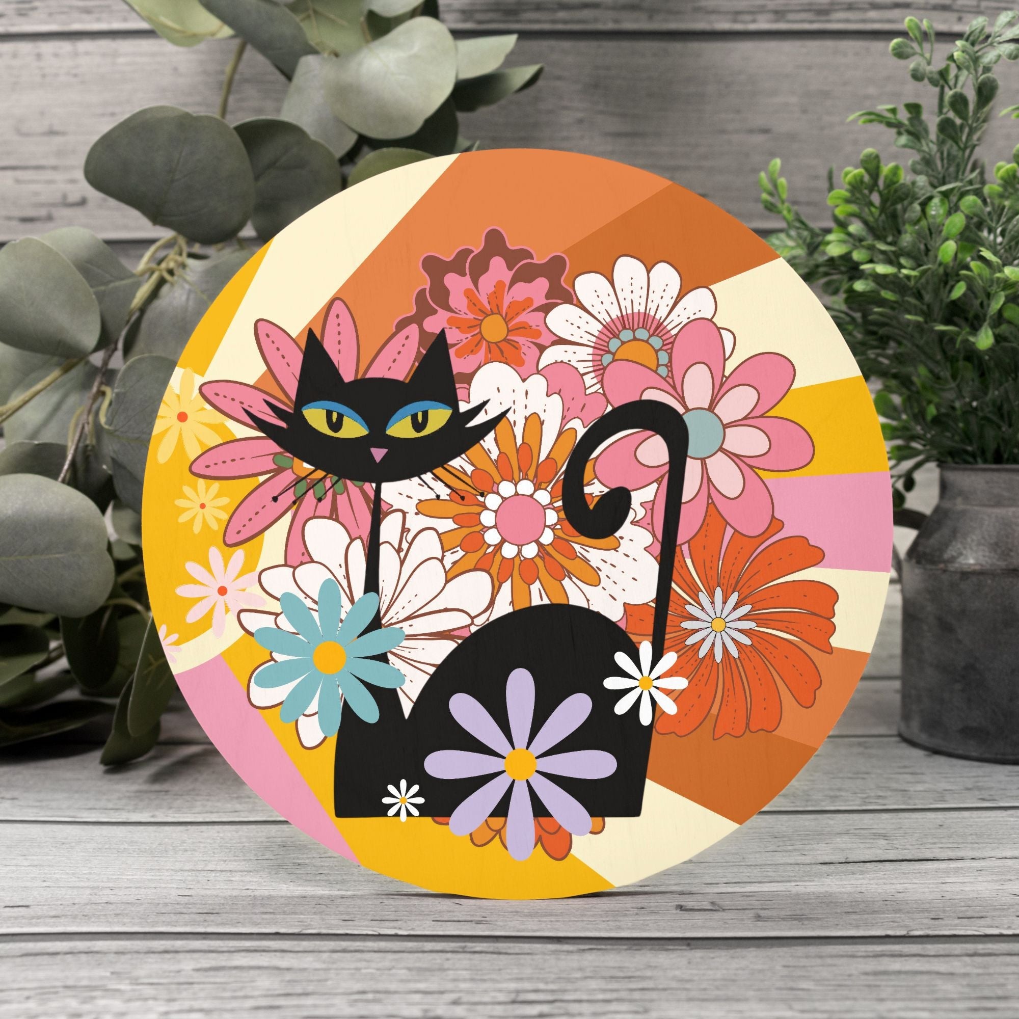 Kate McEnroe New York Atomic Cat Groovy Floral Door Sign, Retro 70s Mod Wood Hanger, Mid Century Flower Power Wall DecorDoor HangersPMH58 - 10.1349304