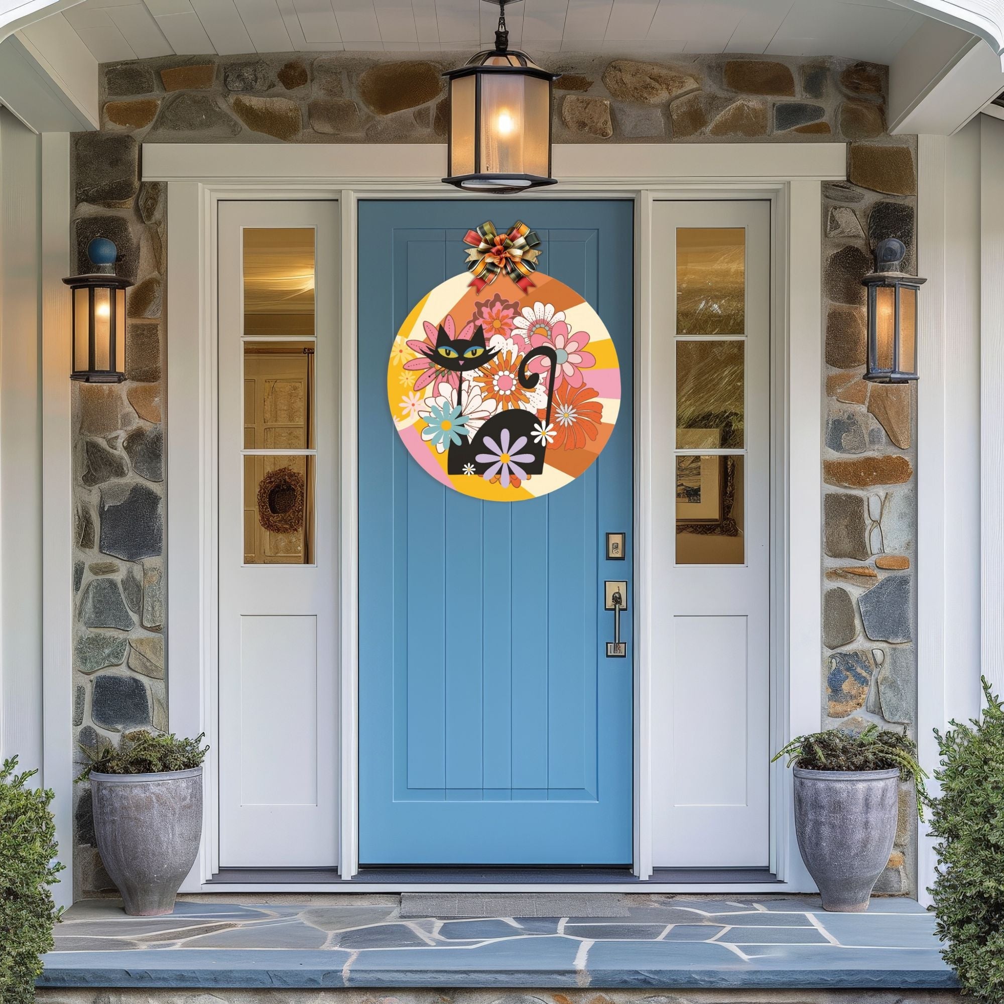 Kate McEnroe New York Atomic Cat Groovy Floral Door Sign, Retro 70s Mod Wood Hanger, Mid Century Flower Power Wall DecorDoor HangersPMH58 - 12.1349300