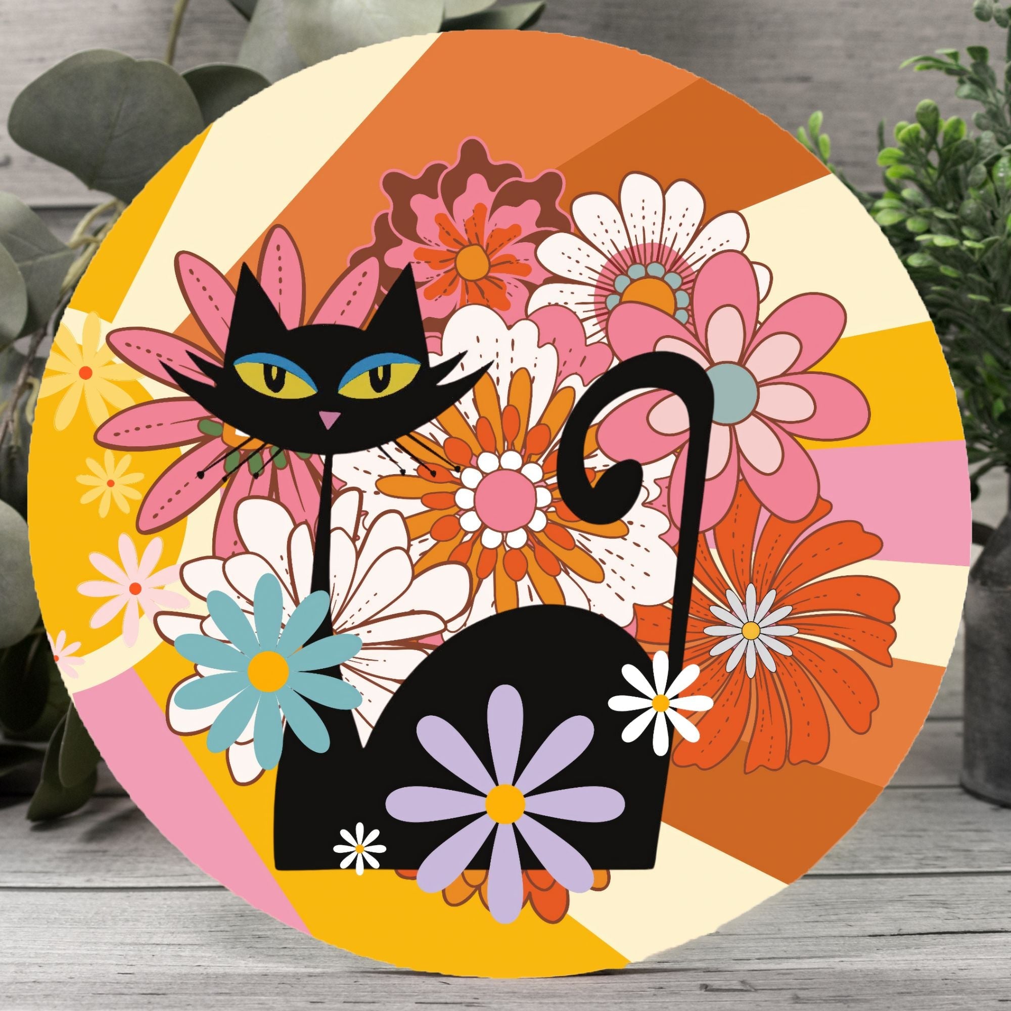 Kate McEnroe New York Atomic Cat Groovy Floral Door Sign, Retro 70s Mod Wood Hanger, Mid Century Flower Power Wall DecorDoor HangersPMH58 - 12.1349300
