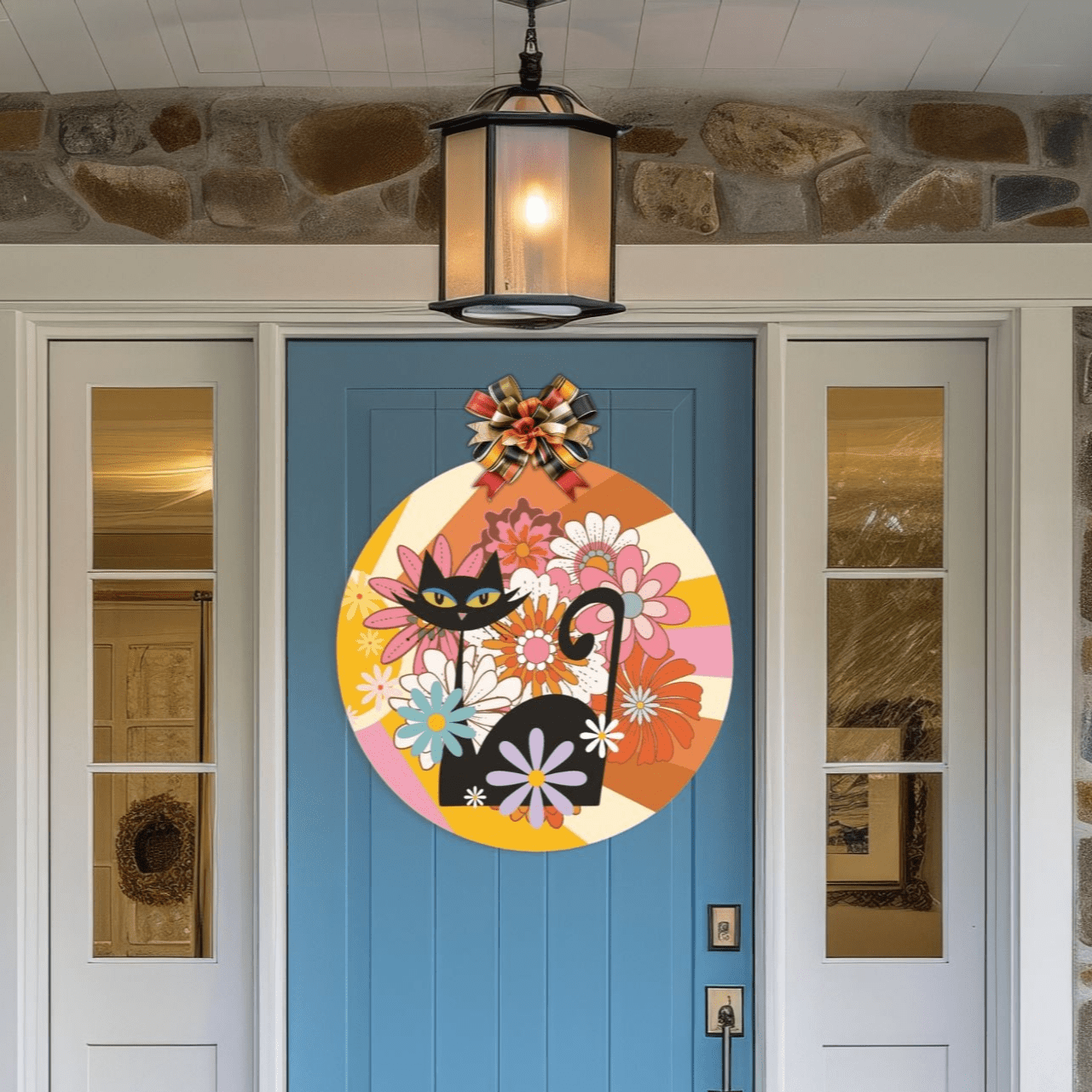 Kate McEnroe New York Atomic Cat Groovy Floral Door Sign, Retro 70s Mod Wood Hanger, Mid Century Flower Power Wall DecorFront Door SignsPMH58 - 12.1349300