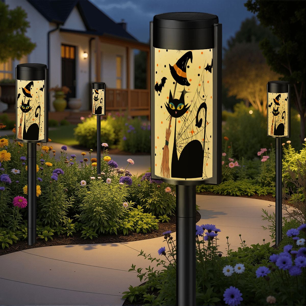 Atomic Cat Halloween Garden Lights, Mid Century Modern Witch Cat Solar Pathway Lanterns Outdoor Decor, image size:1200x1200