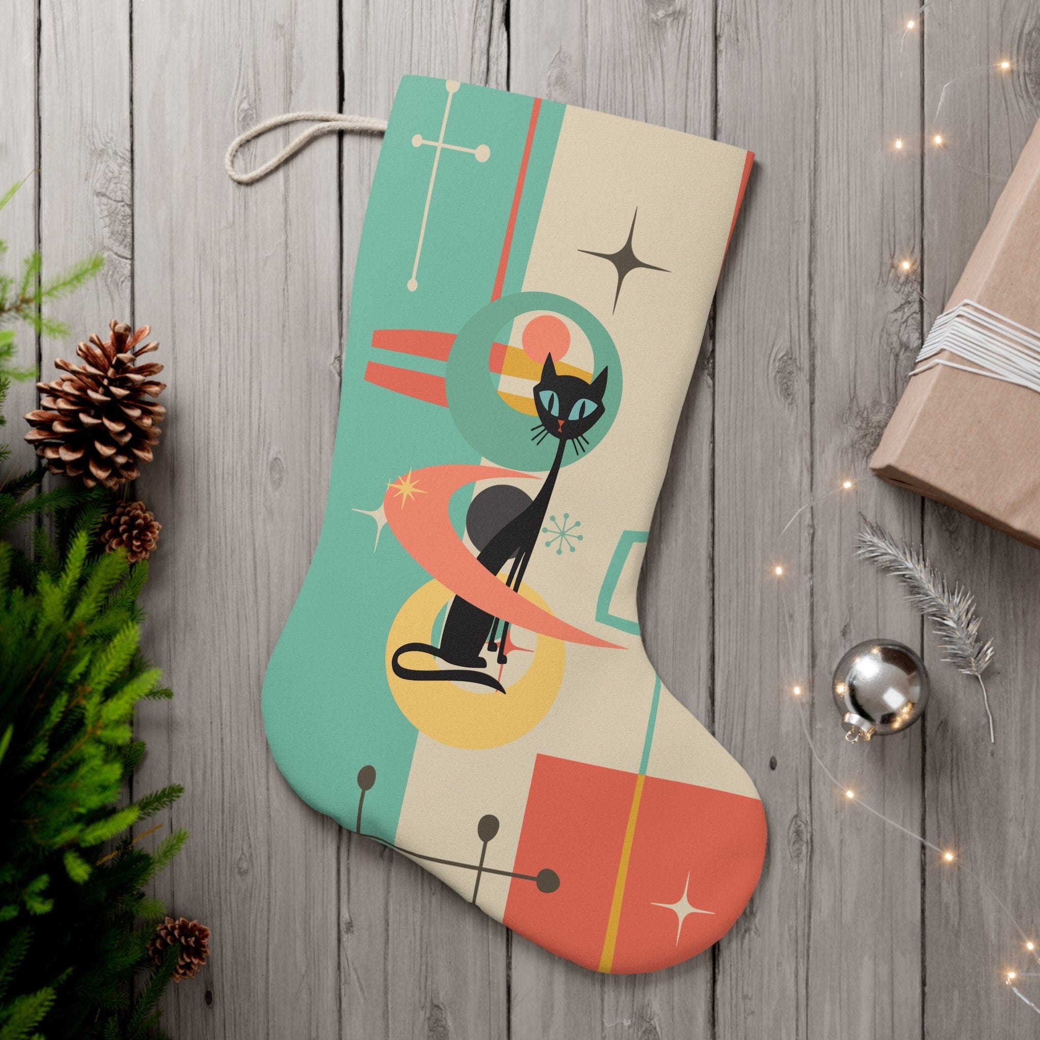 Kate McEnroe New York Atomic Cat Holiday Stocking, Mid Century Modern Starburst, Retro Holiday Décor, MCM Mantle Decoration - KM13659723Holiday Stockings59668258356216243376