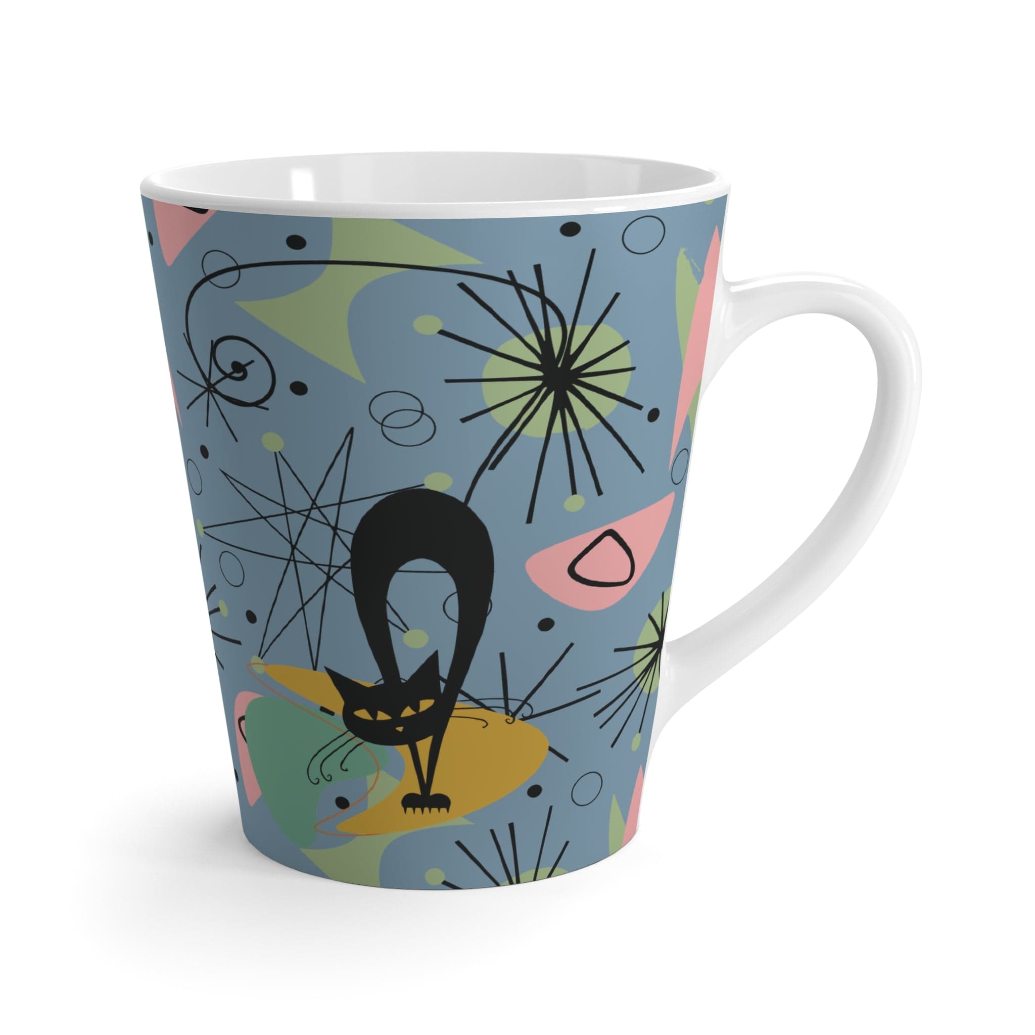 Kate McEnroe New York Atomic Cat Latte Mug, Mid Century Modern Teal, Pink, Lime Starburst 12oz MCM Coffee Mug, 50s 60s Retro Drinkware, Cat Lover&