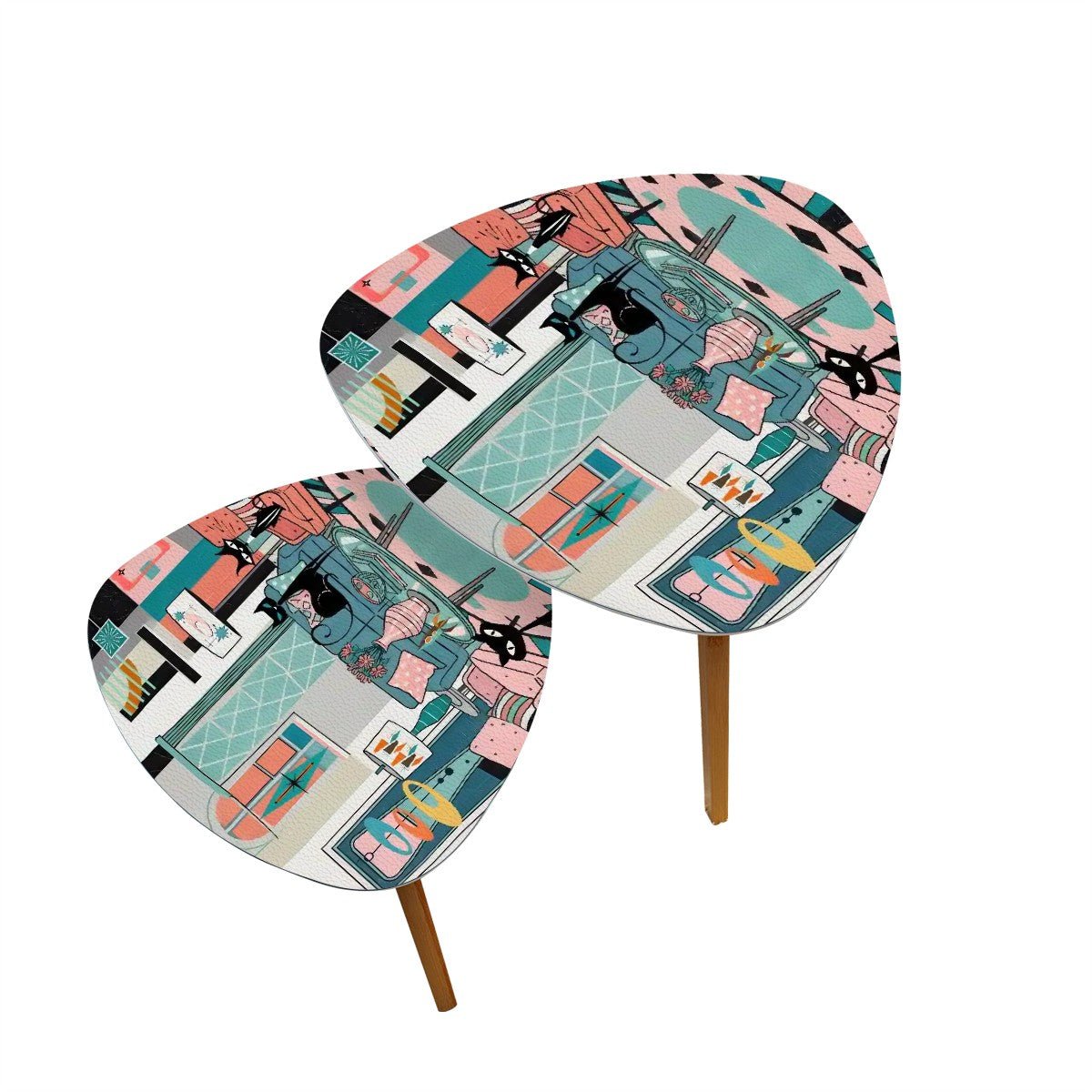 Kate McEnroe New York Atomic Cat Living Room Table, Mid Century Modern Nesting Set, 50s Teal Pink Starburst Accent FurnitureNesting Tablesvd819TzrAt
