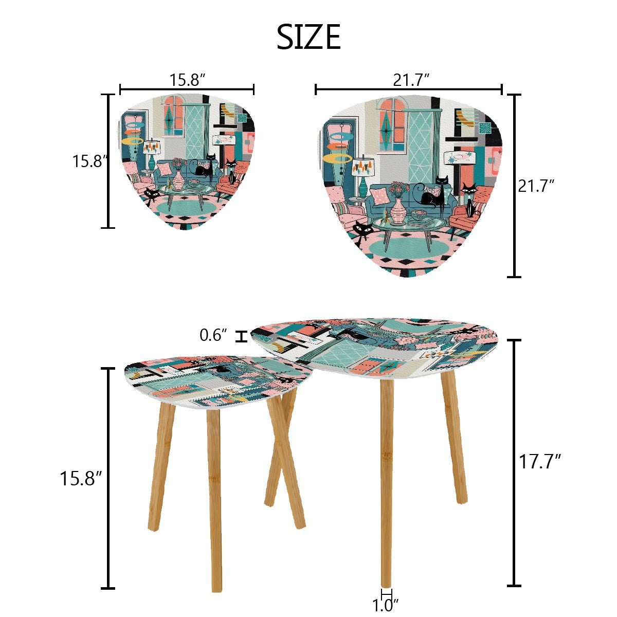 Kate McEnroe New York Atomic Cat Living Room Table, Mid Century Modern Nesting Set, 50s Teal Pink Starburst Accent FurnitureNesting Tablesvd819TzrAt