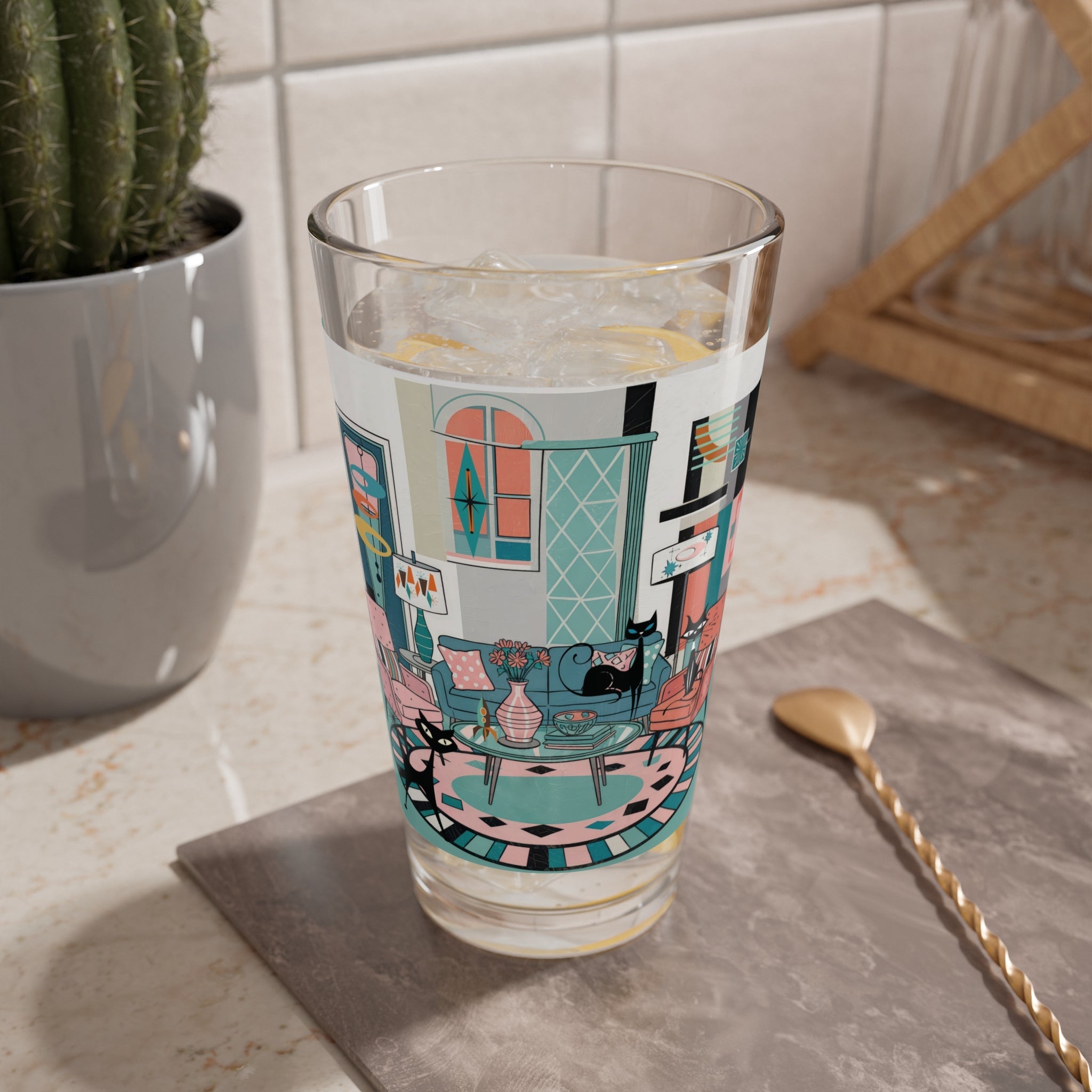 Kate McEnroe New York Atomic Cat Lounge Pint Glass, Mid Century Modern Barware, Retro Kitsch Cocktail Glass, 50s MCM Space Age DrinkwarePint Glasses13646951307764075988