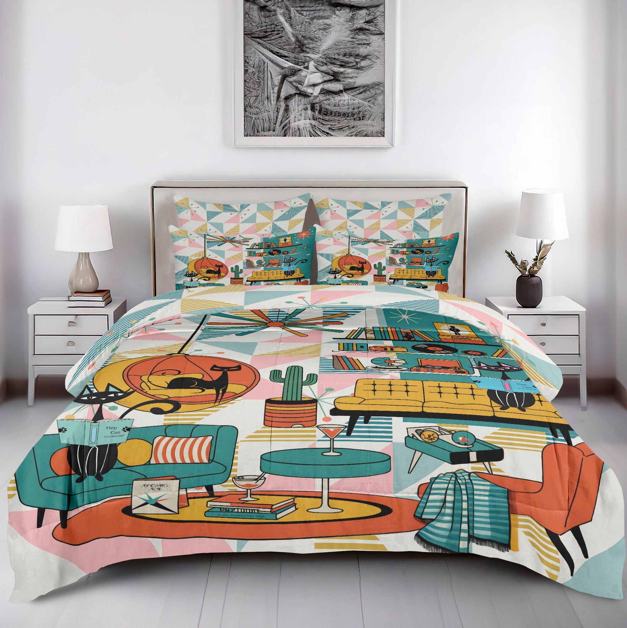 Kate McEnroe New York Atomic Cat Lounge Reversible Cotton Comforter Set, Mid Century Modern Cotton Bedding, Retro MCM BedroomComforter Set
