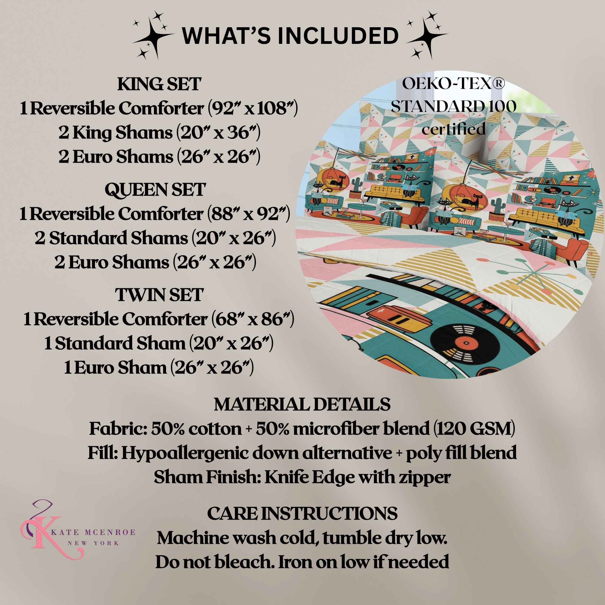 Kate McEnroe New York Atomic Cat Lounge Reversible Cotton Comforter Set, Mid Century Modern Cotton Bedding, Retro MCM BedroomComforter Set