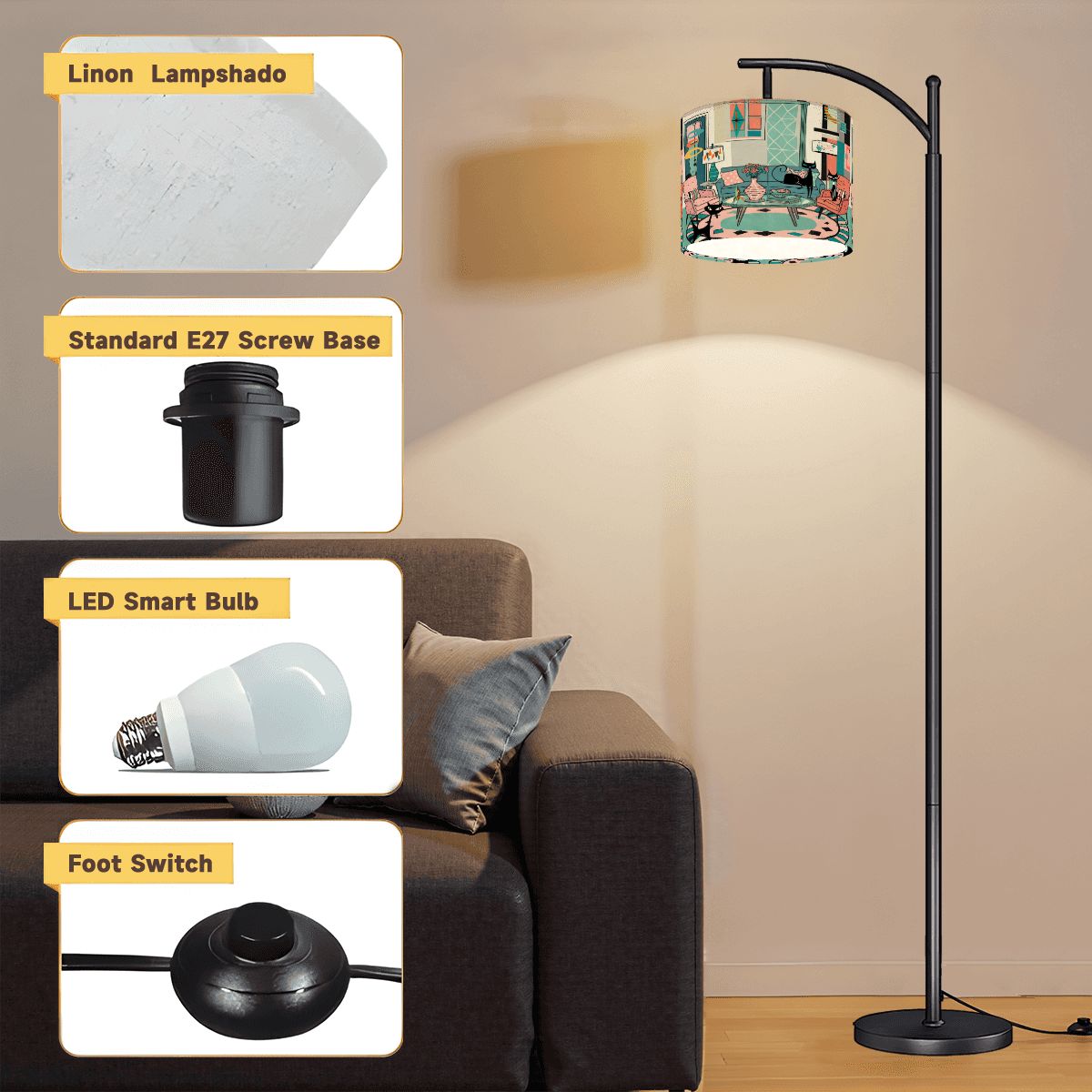 Kate McEnroe New York Atomic Cat Lounge Scene Arc Lamp, Retro Mid Mod Floor LightFloor LampssKORTIl59p