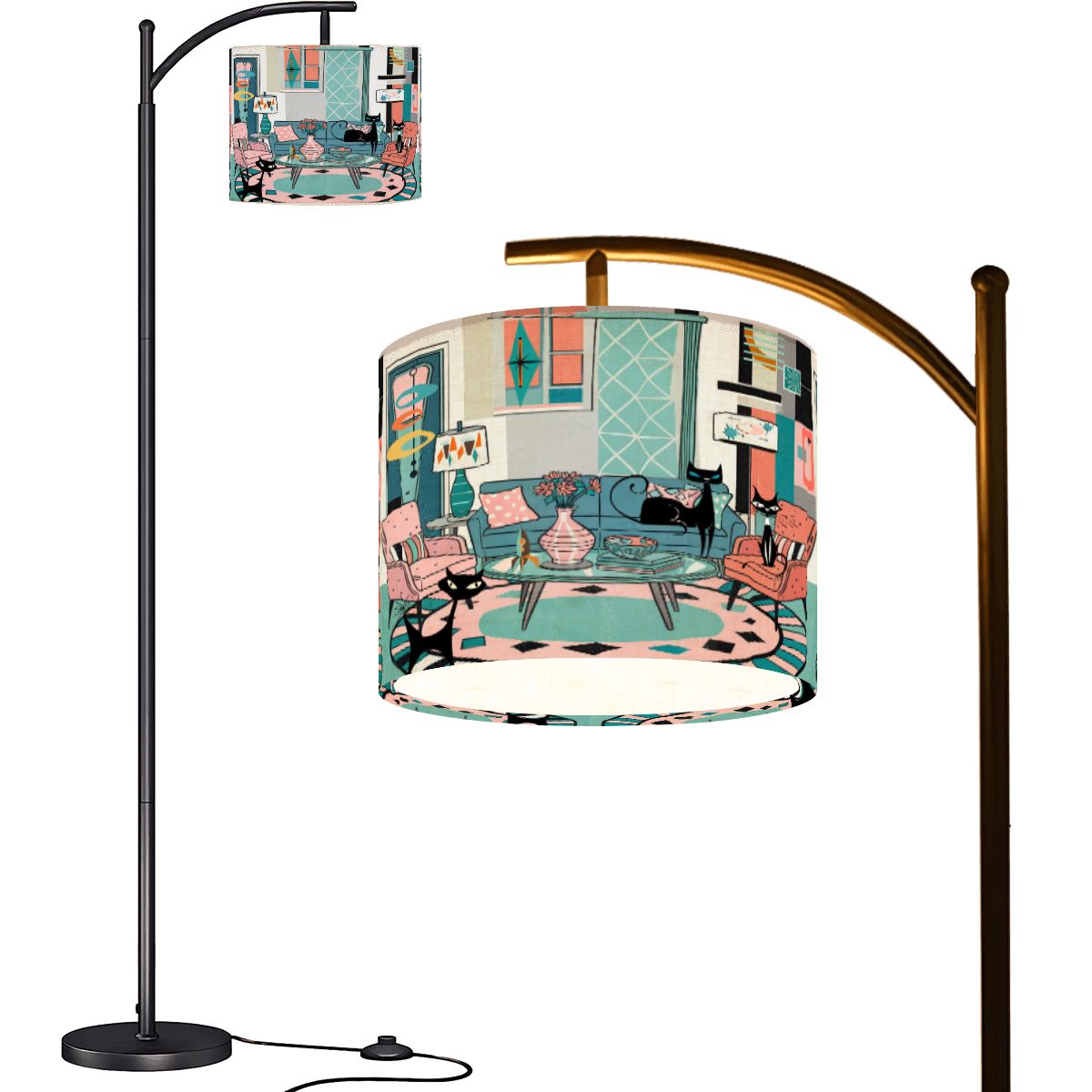 Kate McEnroe New York Atomic Cat Lounge Scene Arc Lamp, Retro Mid Mod Floor LightFloor LampssKORTIl59p
