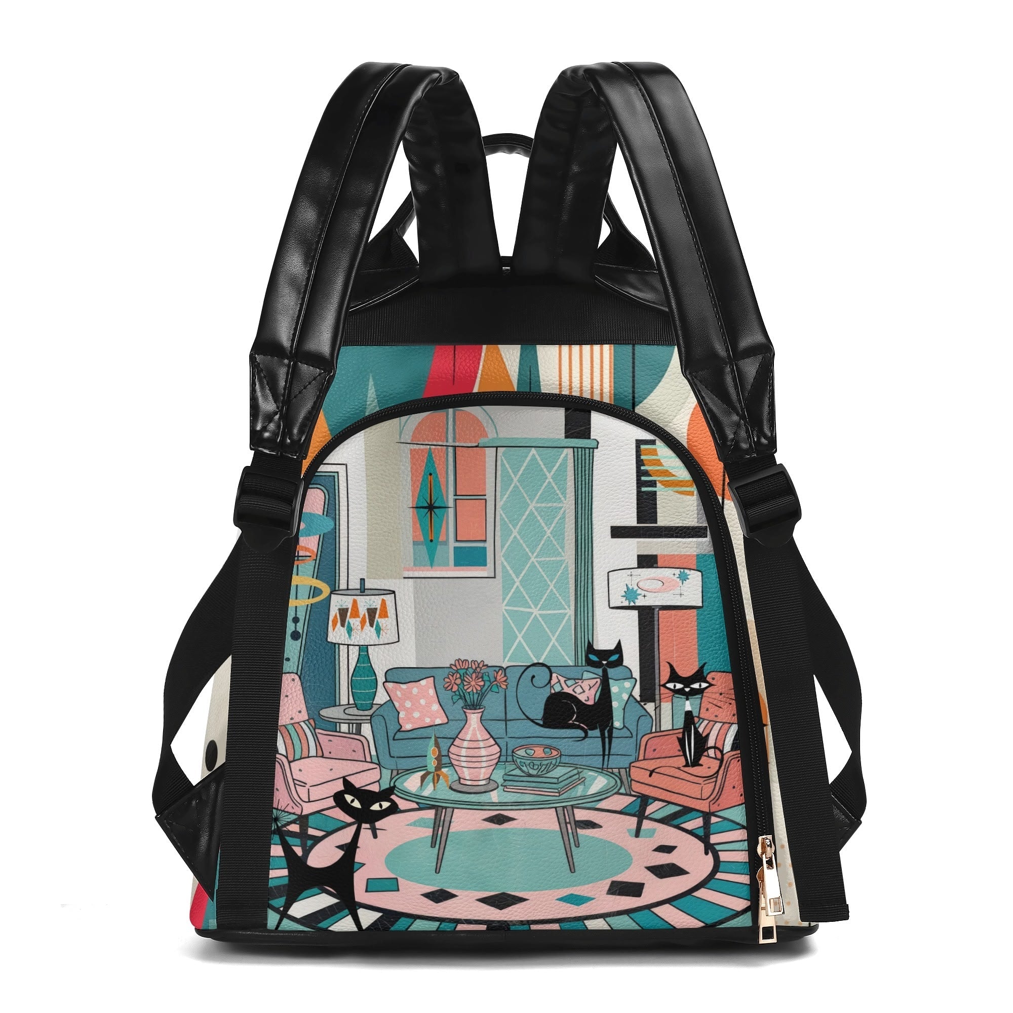 Kate McEnroe New York Atomic Cat Lounge Scene Backpack, Pink Blue Mid Century Bookbag, Retro Kitsch Mod Cat BagBackpacksW0Z3E6EW - 1