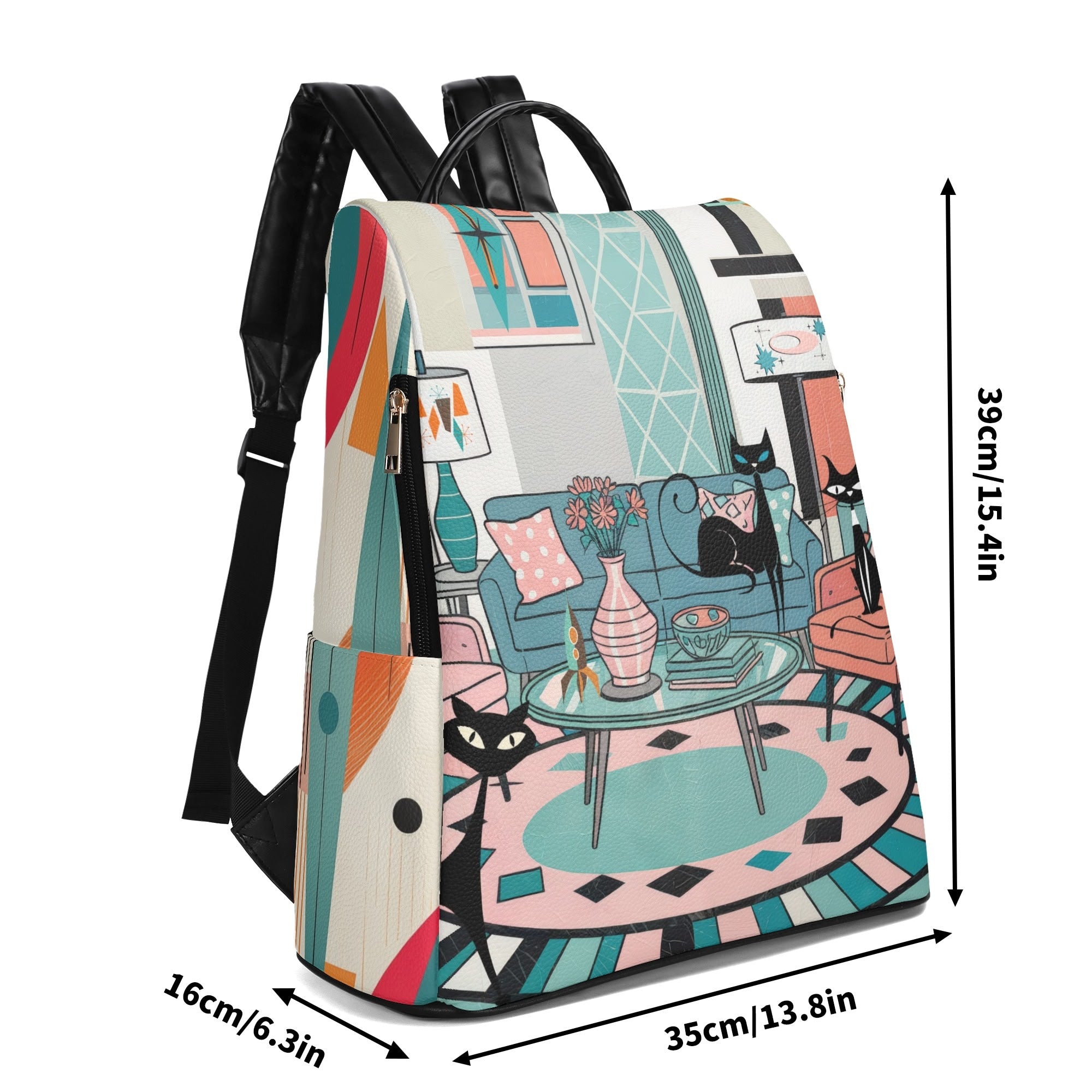 Kate McEnroe New York Atomic Cat Lounge Scene Backpack, Pink Blue Mid Century Bookbag, Retro Kitsch Mod Cat BagBackpacksW0Z3E6EW - 1