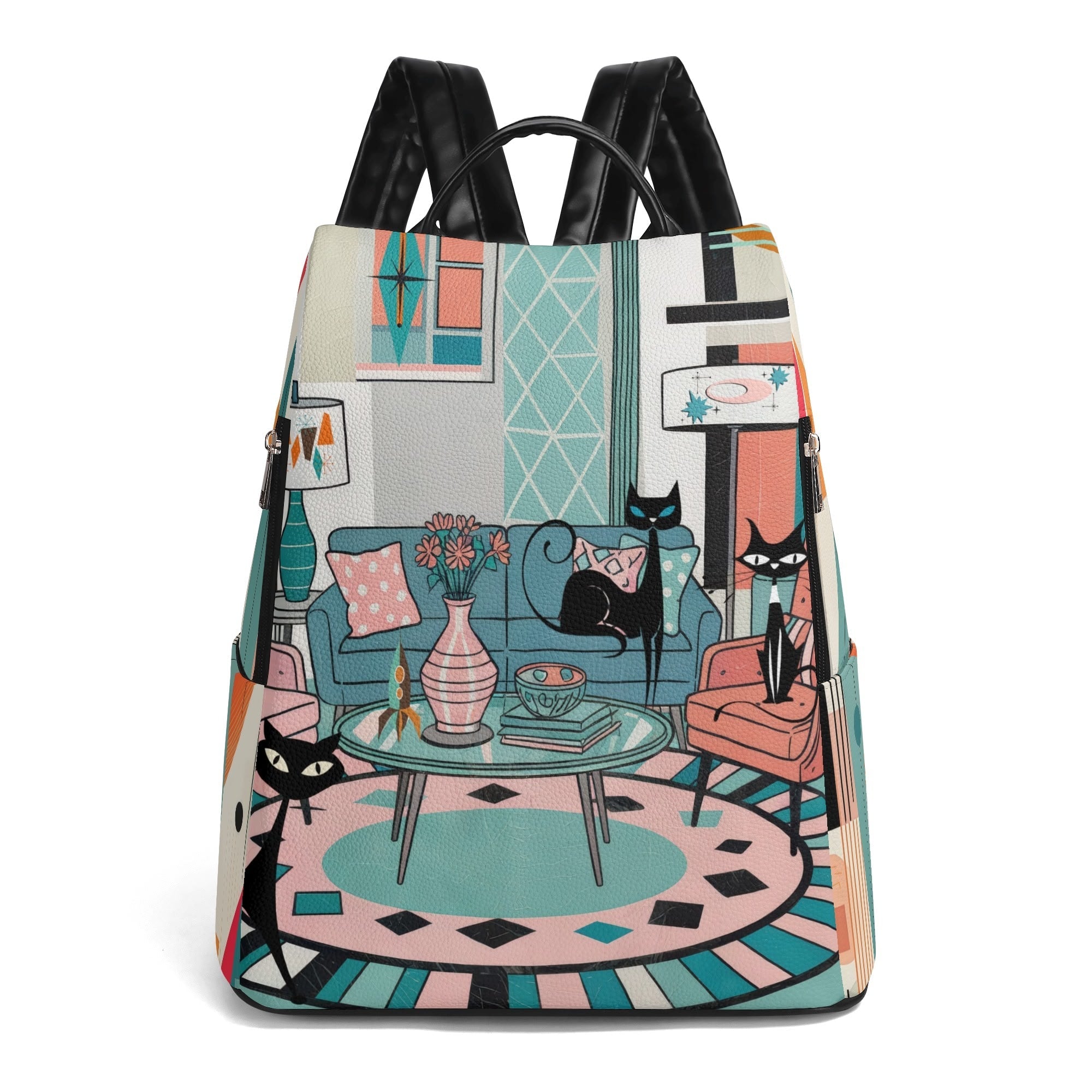 Kate McEnroe New York Atomic Cat Lounge Scene Backpack, Pink Blue Mid Century Bookbag, Retro Kitsch Mod Cat BagBackpacksW0Z3E6EW - 1