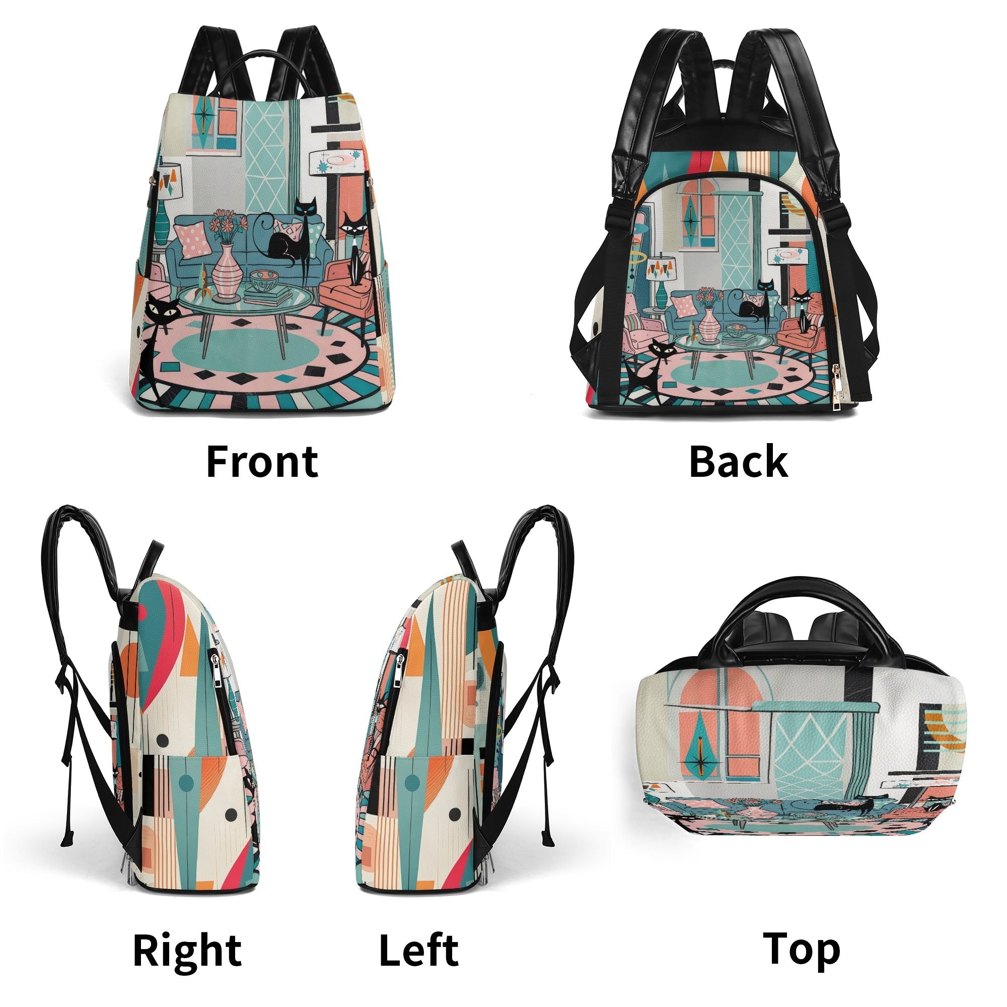 Kate McEnroe New York Atomic Cat Lounge Scene Backpack, Pink Blue Mid Century Bookbag, Retro Kitsch Mod Cat BagBackpacksW0Z3E6EW - 1