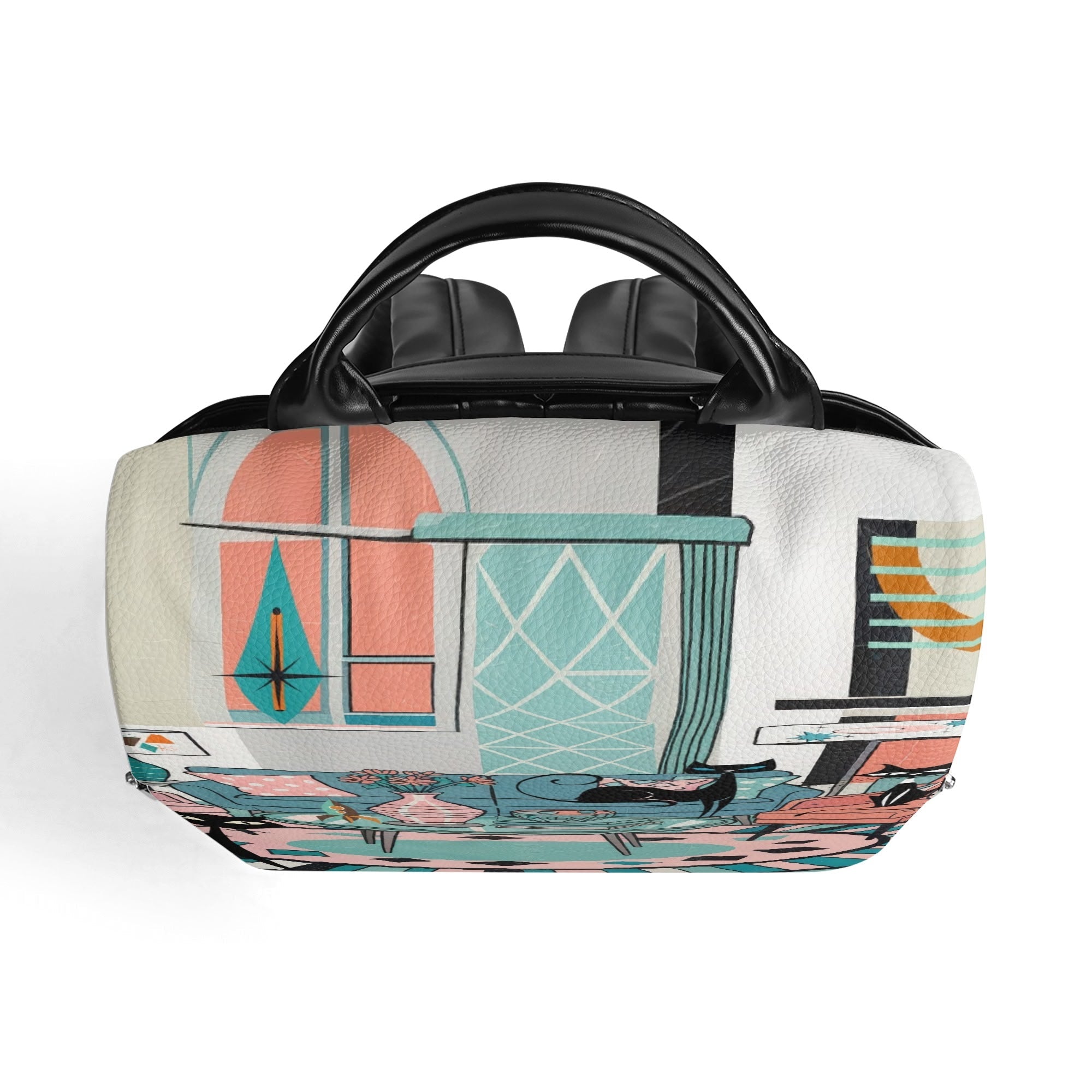 Kate McEnroe New York Atomic Cat Lounge Scene Backpack, Pink Blue Mid Century Bookbag, Retro Kitsch Mod Cat BagBackpacksW0Z3E6EW - 1