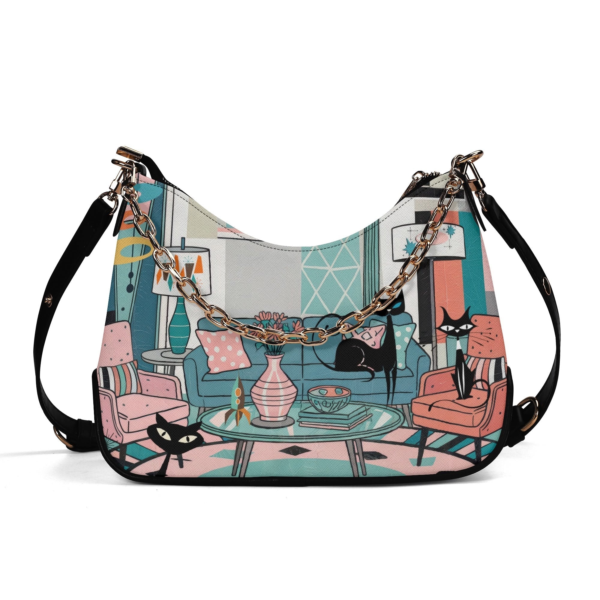 Kate McEnroe New York Atomic Cat Lounge Scene Purse, Retro 50s MCM Shoulder Bag, Mid Century Modern Mod Chain HandbagHandbagsW1KX29DN - 1