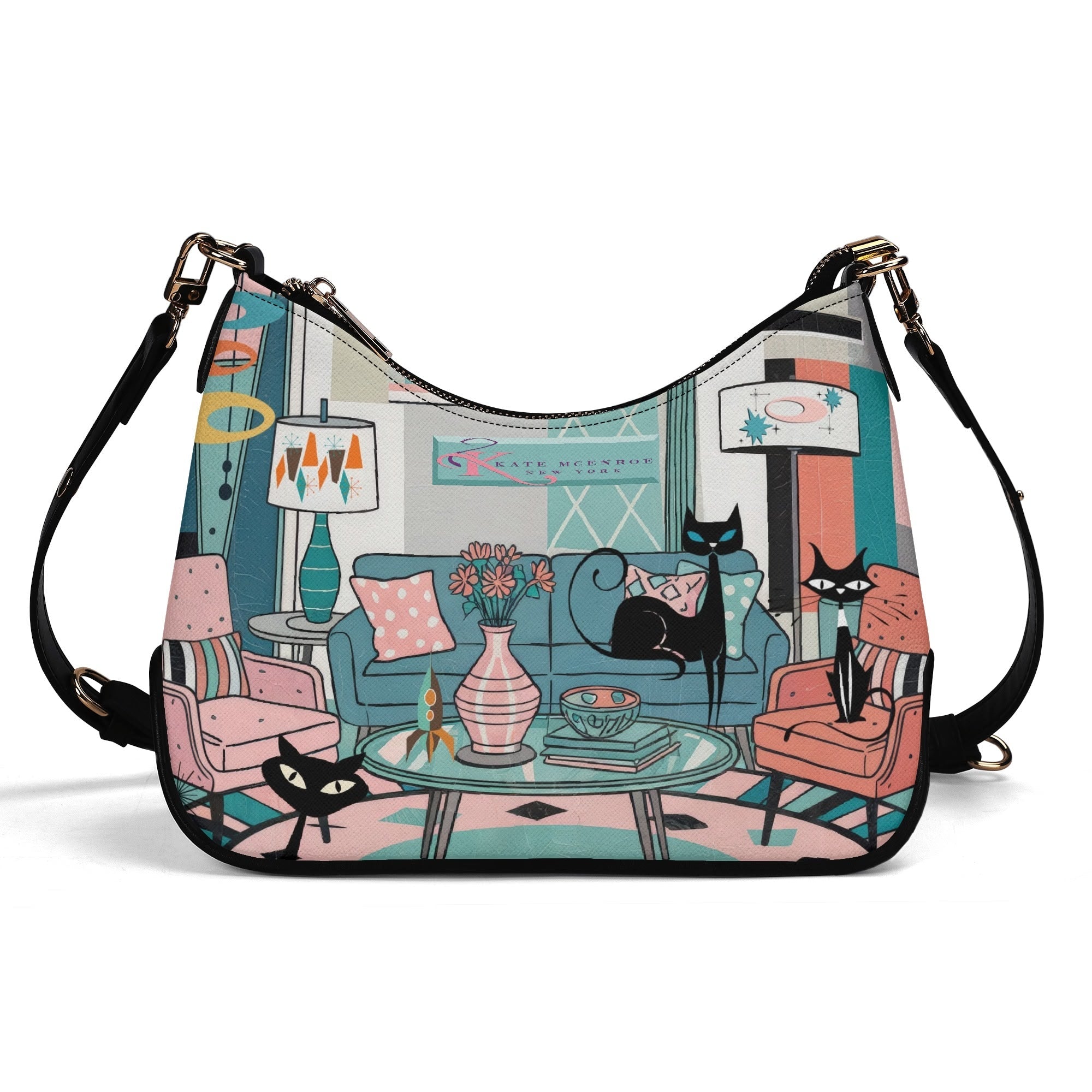 Kate McEnroe New York Atomic Cat Lounge Scene Purse, Retro 50s MCM Shoulder Bag, Mid Century Modern Mod Chain HandbagHandbagsW1KX29DN - 1