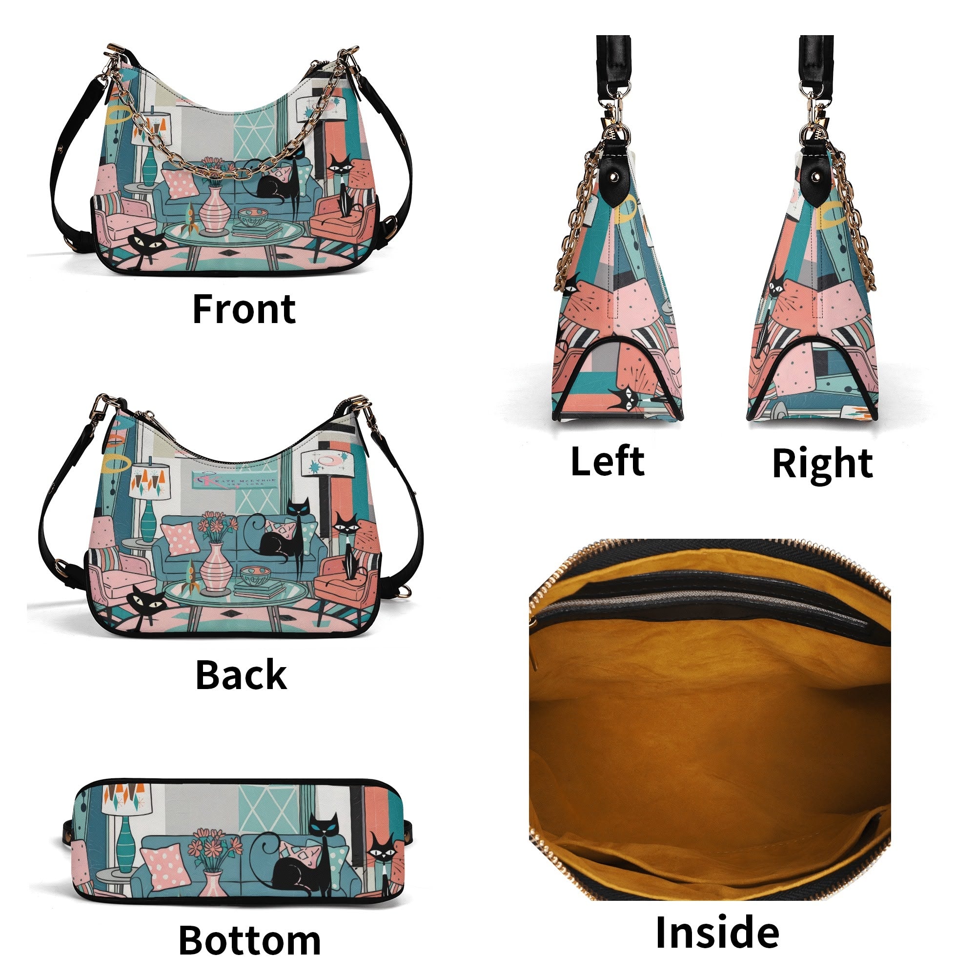 Kate McEnroe New York Atomic Cat Lounge Scene Purse, Retro 50s MCM Shoulder Bag, Mid Century Modern Mod Chain HandbagHandbagsW1KX29DN - 1