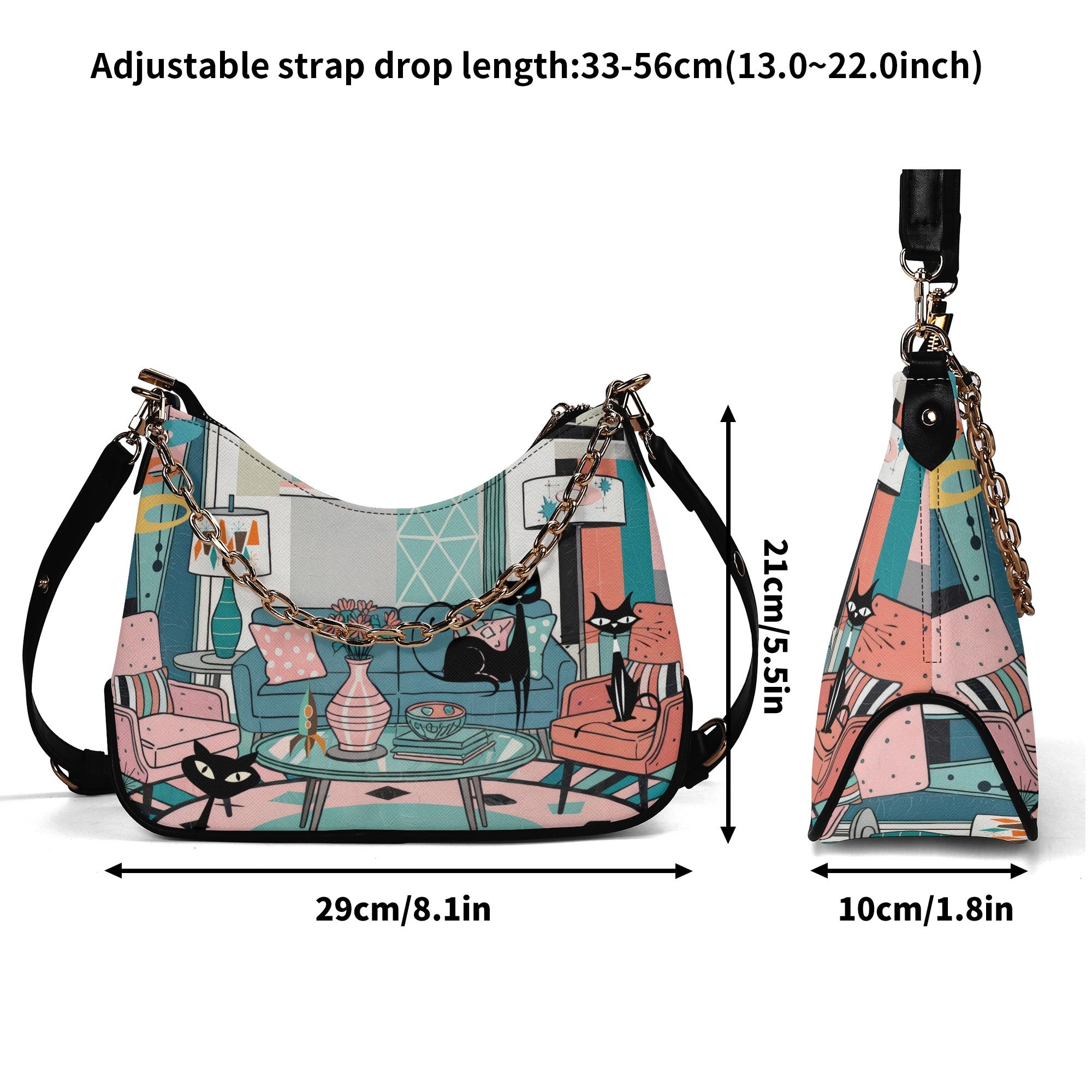 Kate McEnroe New York Atomic Cat Lounge Scene Purse, Retro 50s MCM Shoulder Bag, Mid Century Modern Mod Chain HandbagHandbagsW1KX29DN - 1