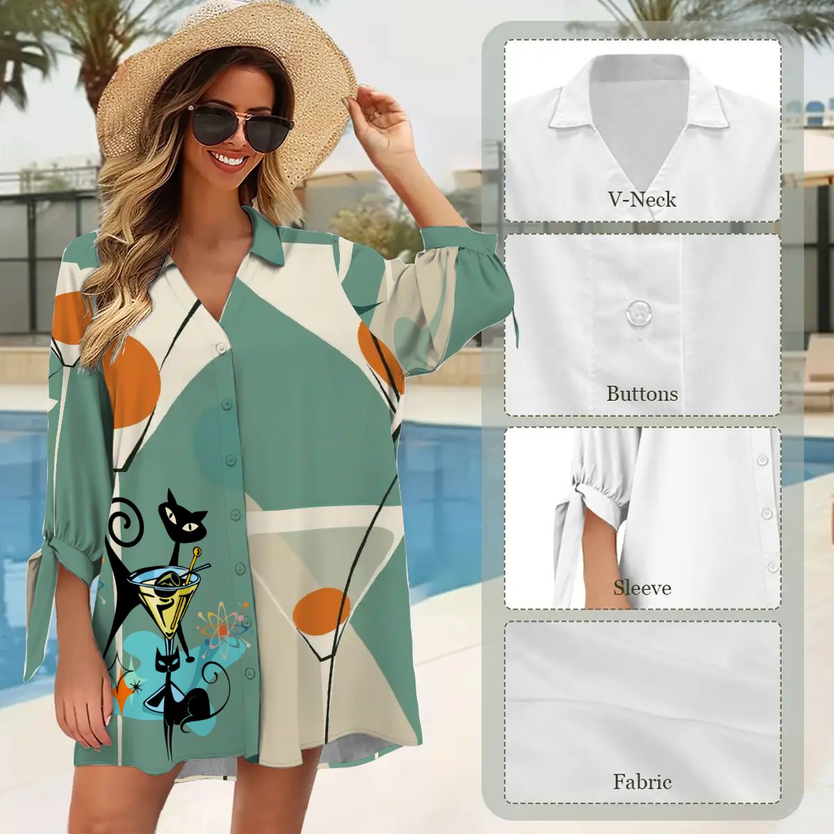 Kate McEnroe New York Atomic Cat Martini Lounge Shirt Dress, Mid Century Modern Coverup, Retro 50s Barware Print BeachwearSwimsuits Cover UpsKcMZgQtAfH