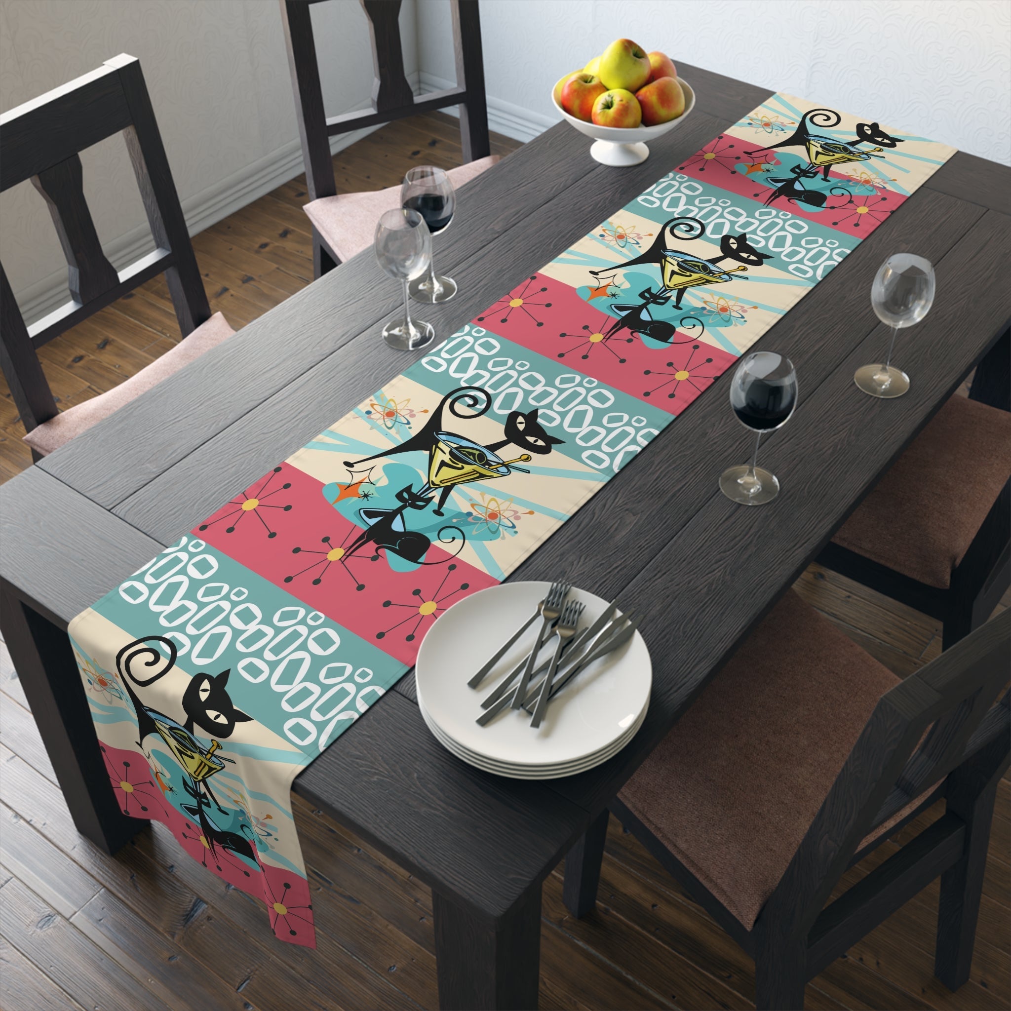 Kate McEnroe New York Atomic Cat Martini MCM Table Runner, Retro Mid Century Modern Sputnik Barware Dining AccentTable Runners33543960739503635052